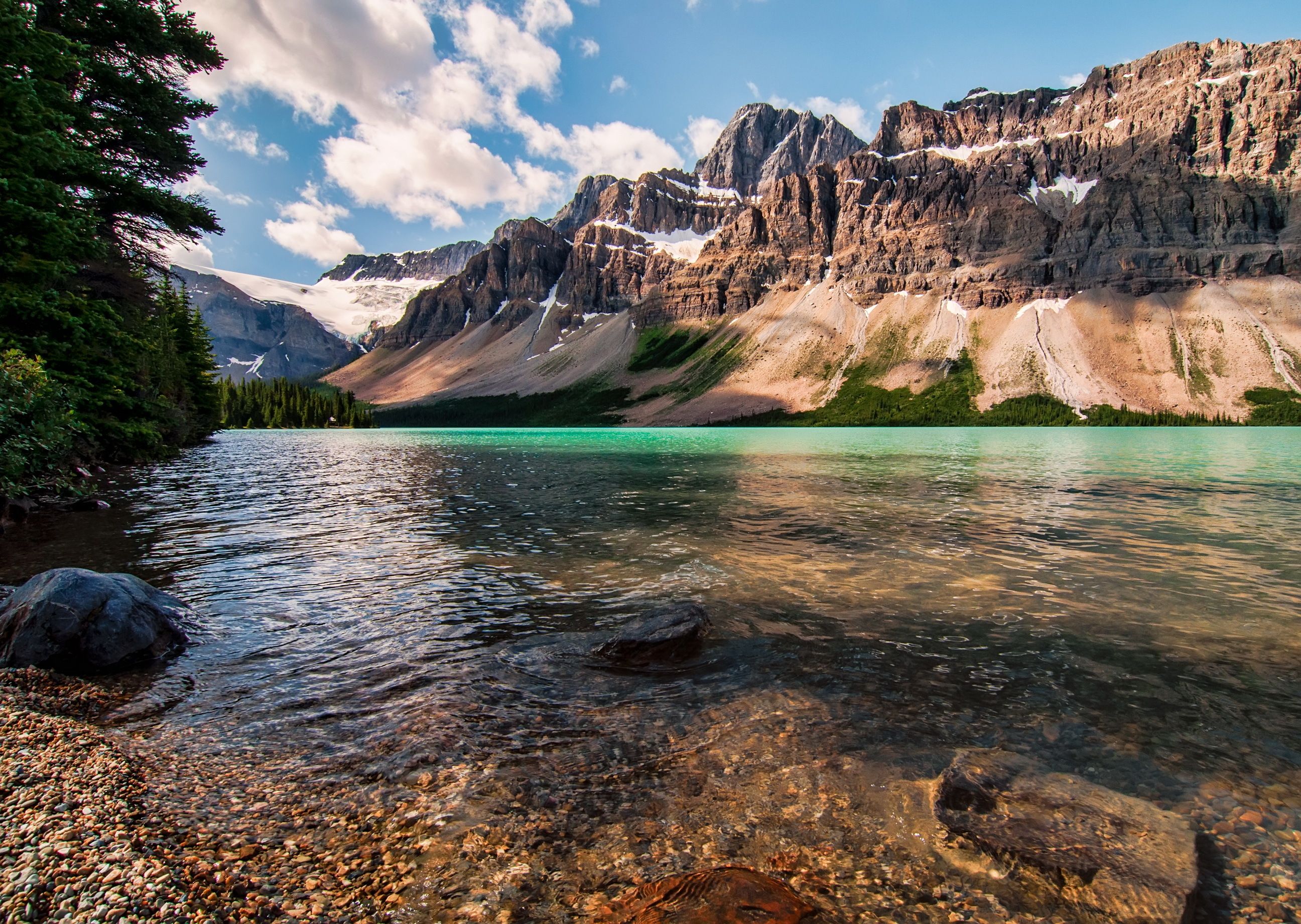 2592x1841 Wallpaper snow, mountains, river, stones, Canada, Canada, nature, trees. for mobile and desktop, section пейзажи, resolution 2592x1841