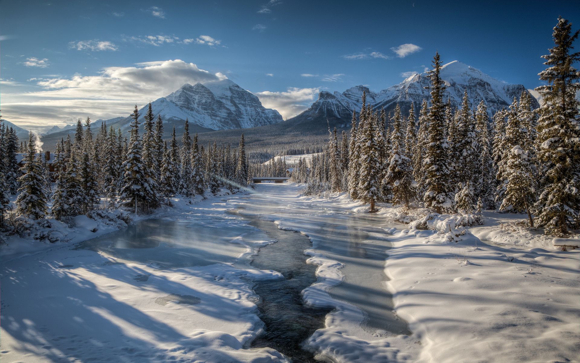 1920x1200 winter, River, Mountain, Forest, Trees, Mount, Temple, Canada, Snow Wallpaper HD / Desktop and Mobile Background