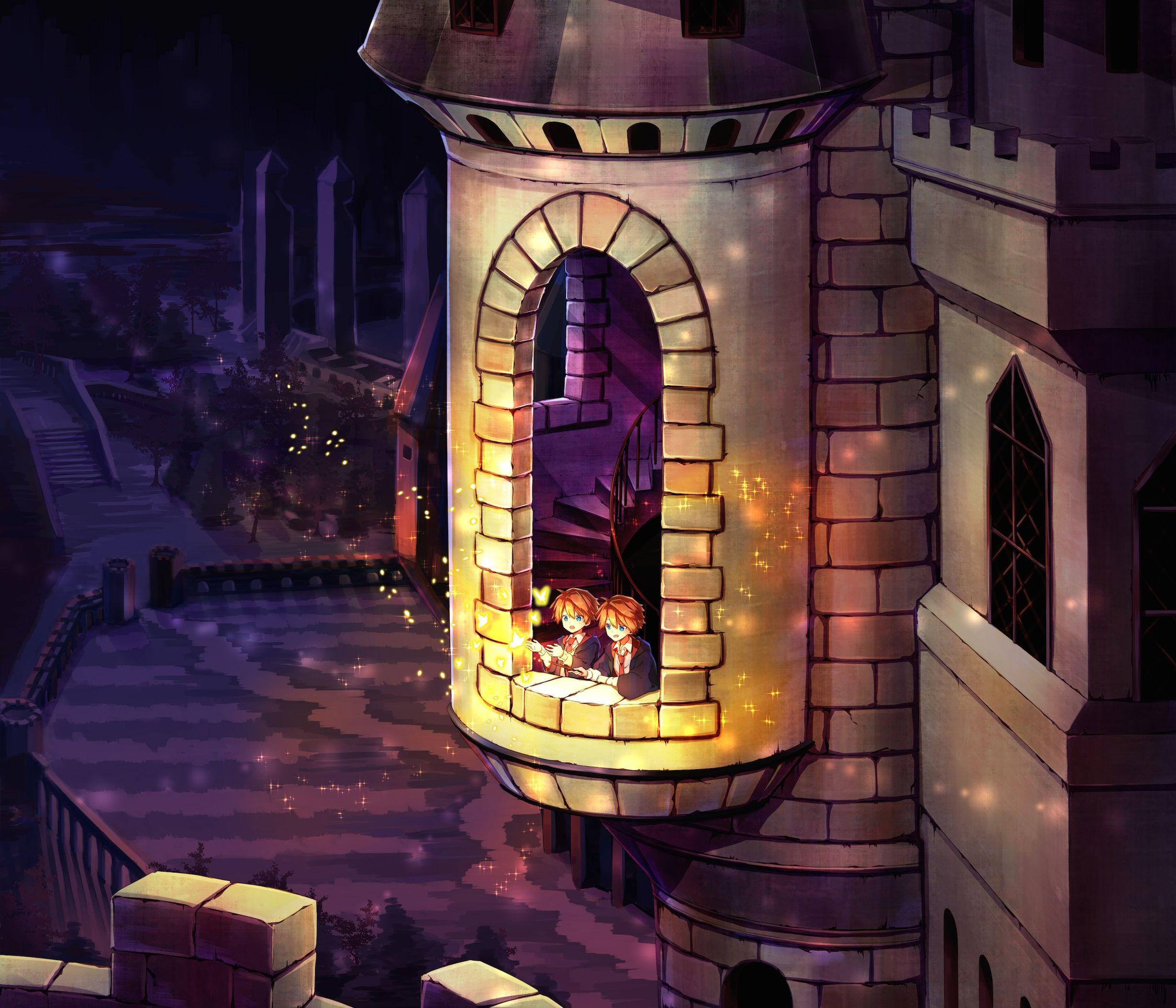 2456x2106 Wallpaper Harry Potter, Castle, Anime Style, Fred Weasley, George Weasley