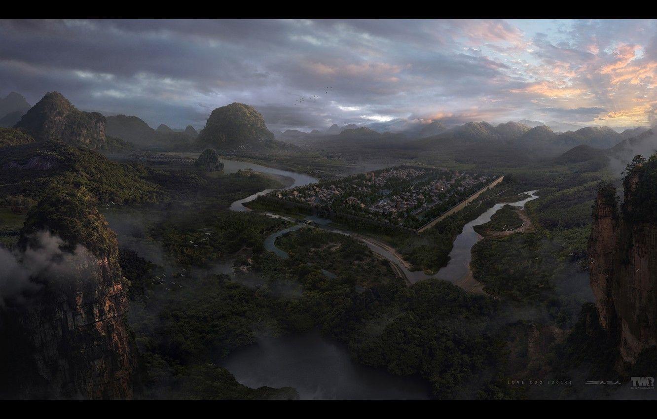 1332x850 Wallpaper mountains, river, settlement, Love O2O Jinling City image for desktop, section фантастика