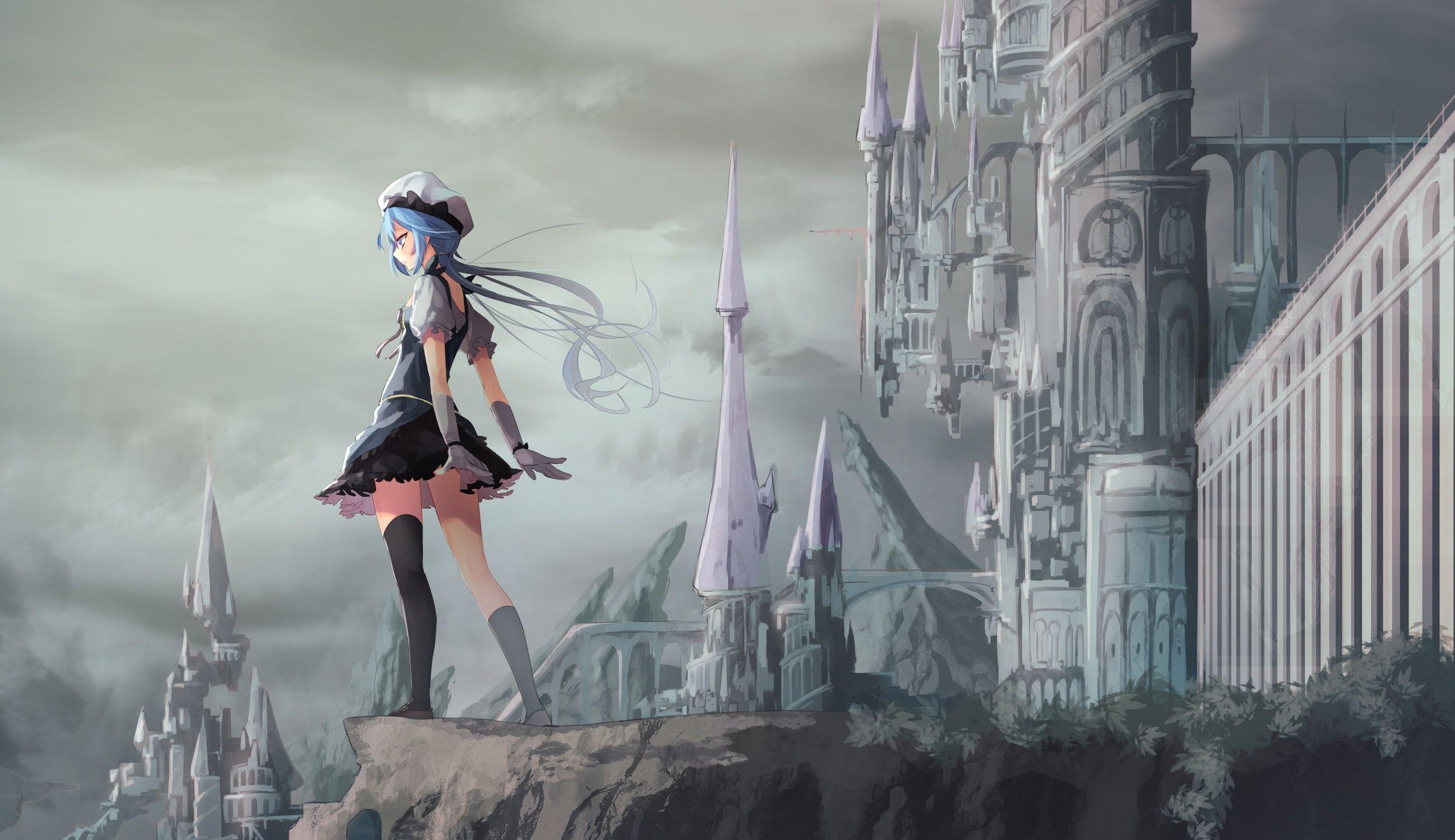 2598x1500 Wallpaper Fantasy, Standing, Blue Hair, Gloves, Sky Castle, Anime Girl