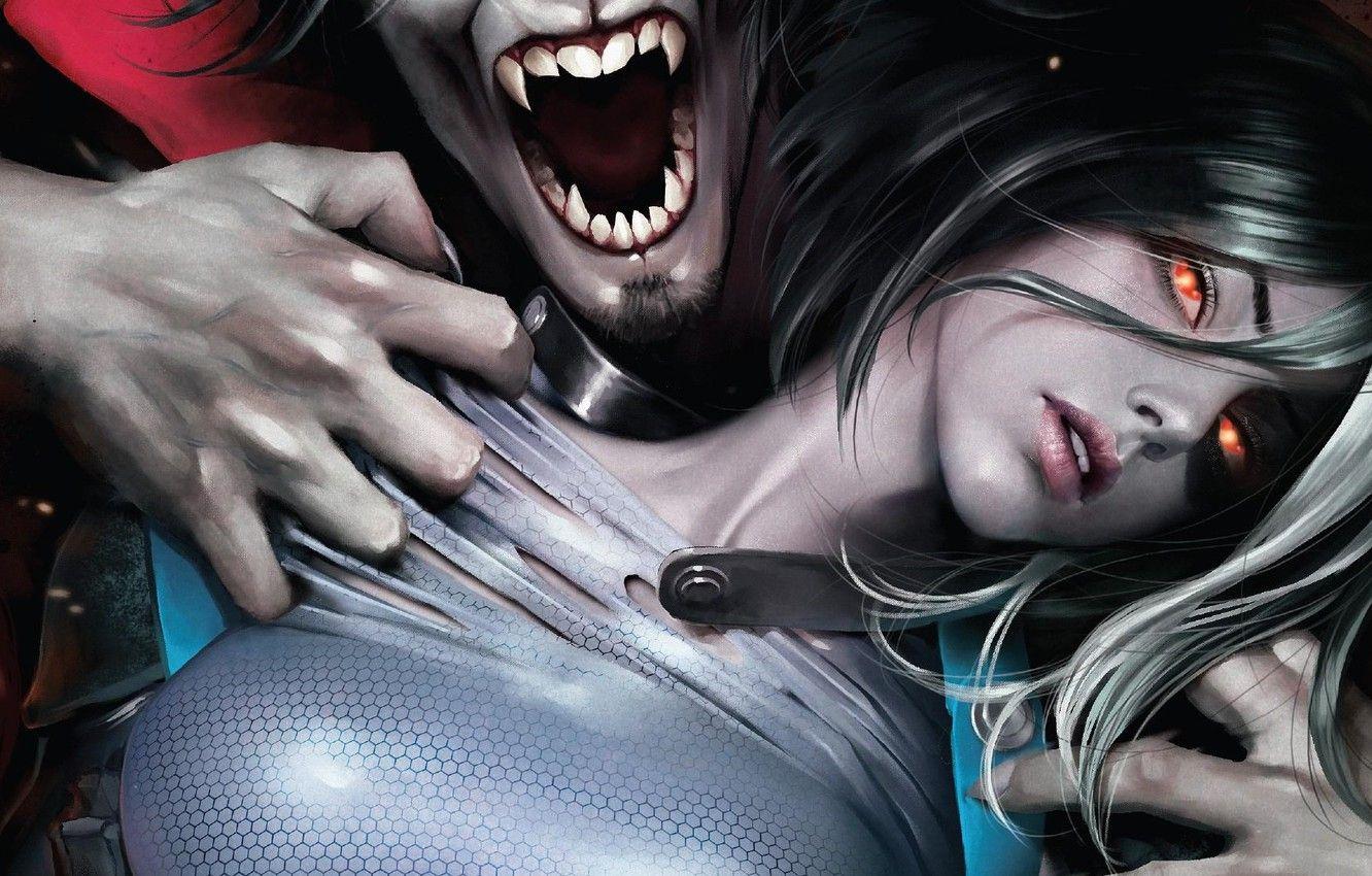 1332x850 Wallpaper girl, fantasy, red eyes, Marvel, comics, vampire, artwork, fantasy art, creature, Domino, Neena Thurman, teeth, Morbius the Living Vampire image for desktop, section фантастика