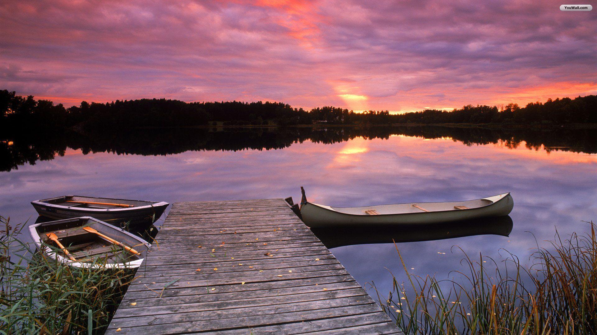 1920x1080 Lake Sunset Wallpaper. Lake sunset, Forest sunset, Boat wallpaper