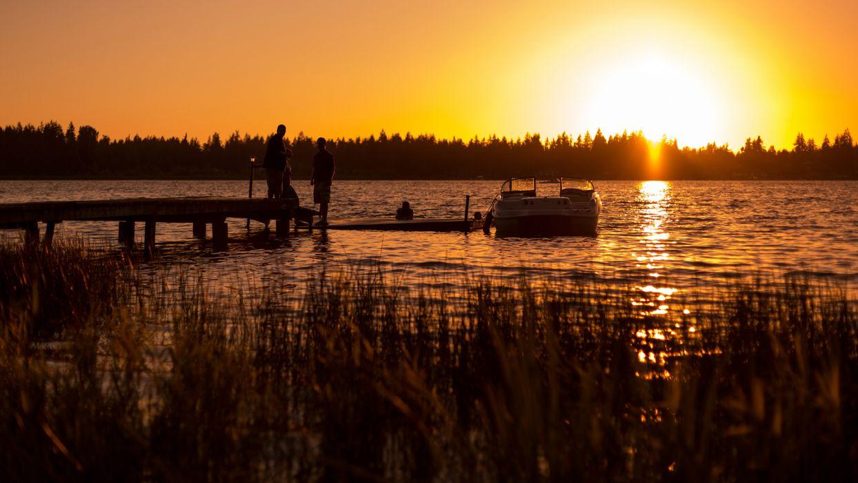 1244x700 Dock Sunset Sunlight Lake Boat mood wallpaperx1080