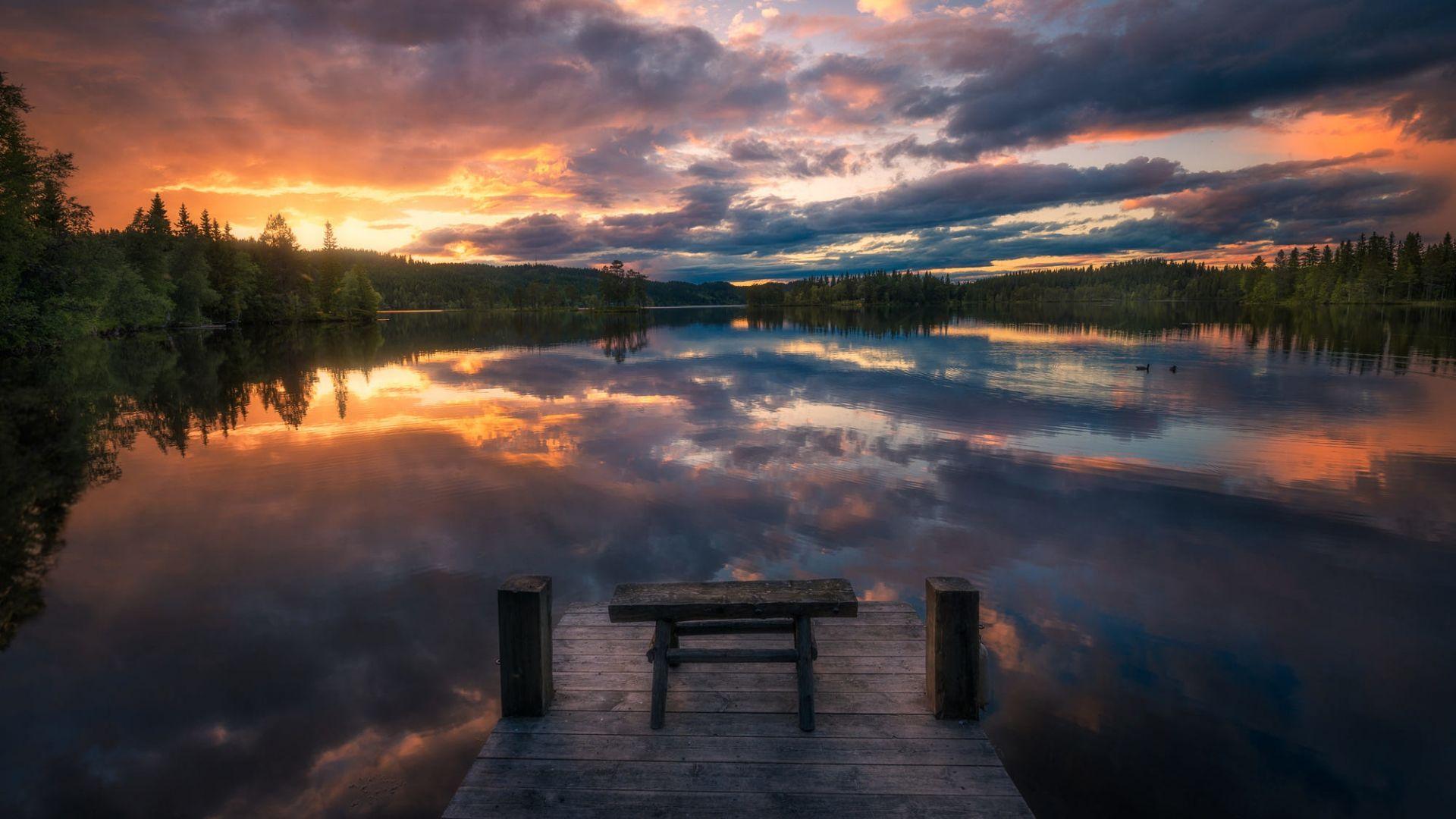 1920x1080 Desktop Wallpaper Norway, Sunset, Lake, Dock, Tree, Skyline, Clouds, Reflections, HD Image, Picture, Background, 4dfff8