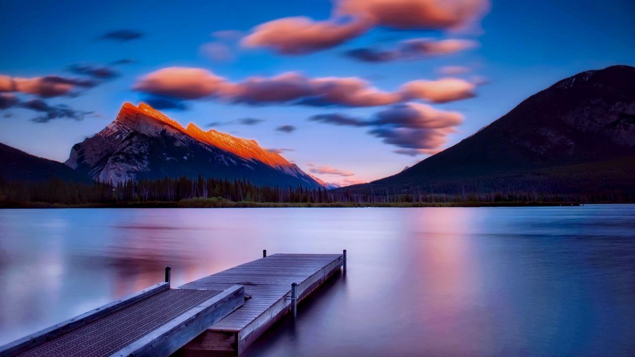 1280x720 Desktop Wallpaper Banff National Park, Lake, Dock, Sunset, Mountains, Nature, HD Image, Picture, Background, 8367d6