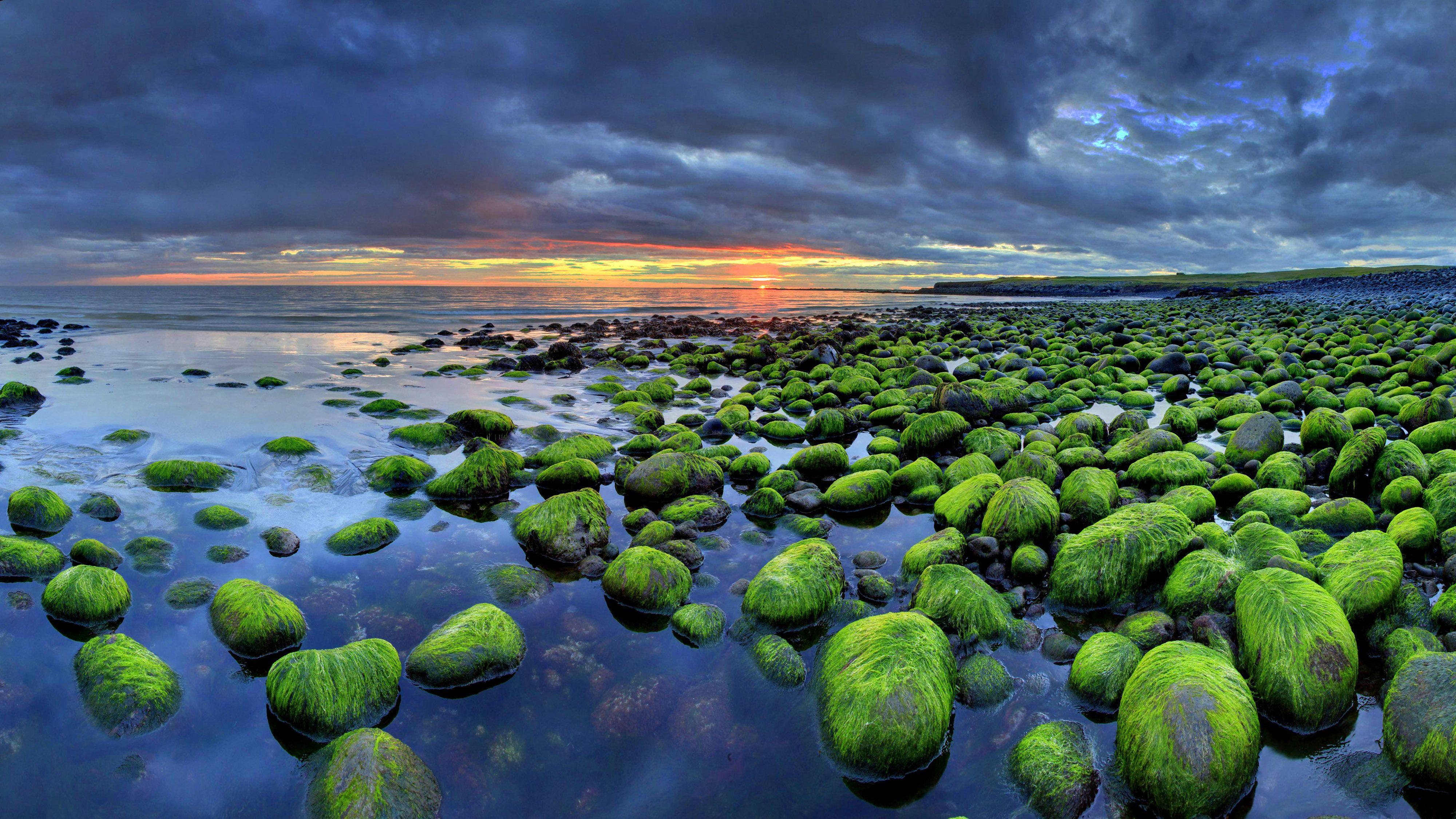 4000x2250 Iceland Wallpaper HD Mossy Rocks Sunset Beach Nature Wallpaper HD :