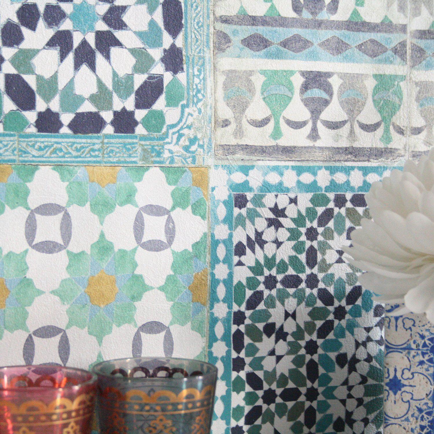 1500x1500 Marrakesh Moroccan Reclaimed Mosaic Tile Wallpaper. Blue / Green