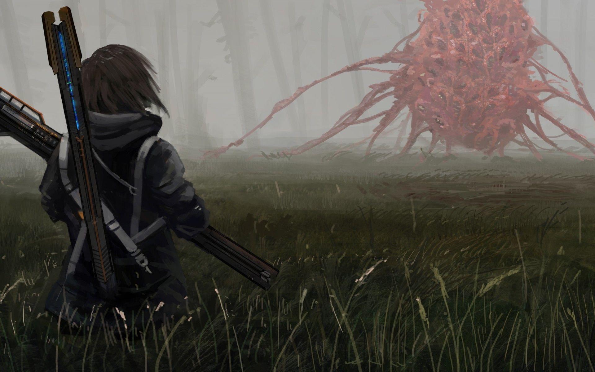 1920x1200 Download 1920x1200 Anime Monster, Fighter, Anime Girl, Back View, Hoodie, Brown Hair Wallpaper for MacBook Pro 17 inch
