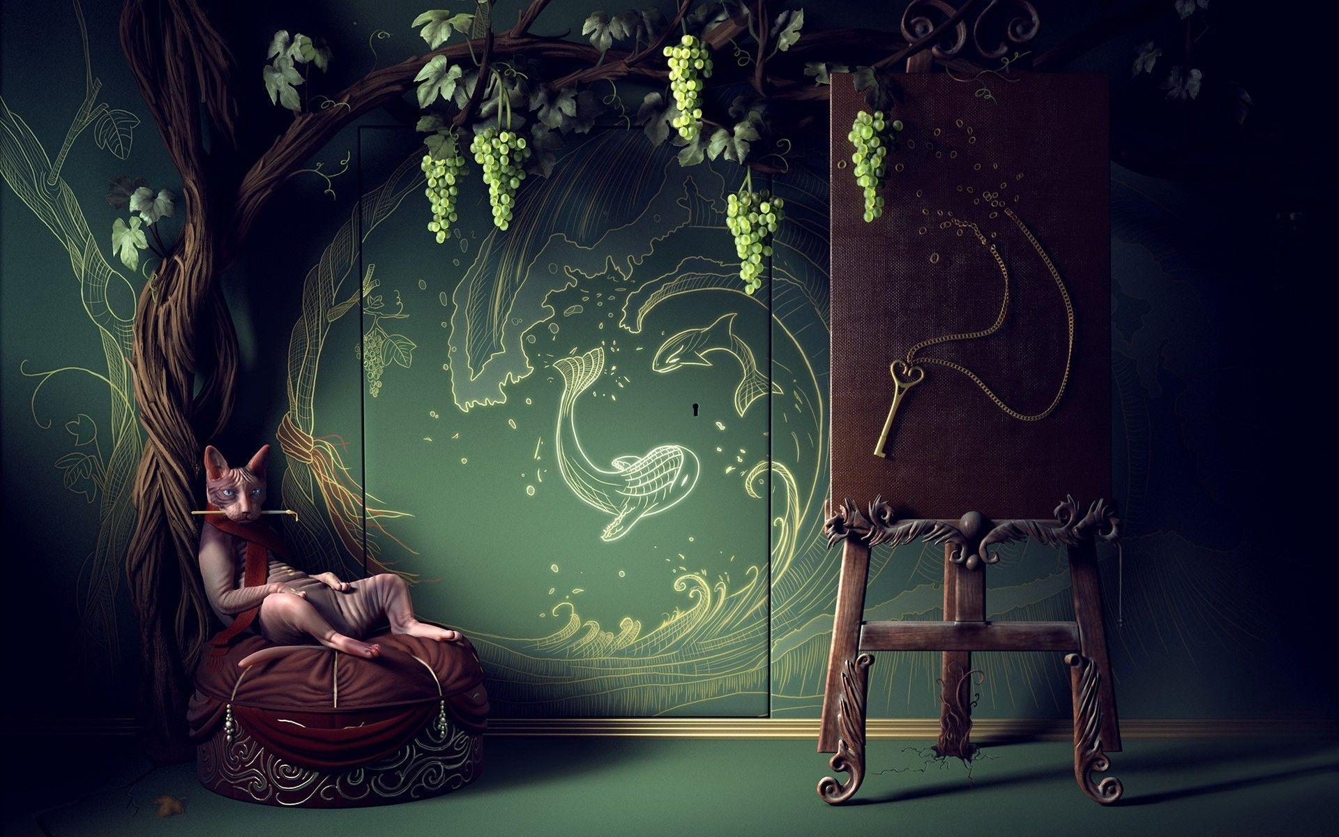 1920x1200 Grapes, Surreal, Artistic, Room, Humor, Cats, Art, Fruit, Mood, Strange, Cat Wallpaper, Fantasy, Catanimals, Psychedelic, Chair, Pets, Creepy, Dark, Trees, Funny, Paintings