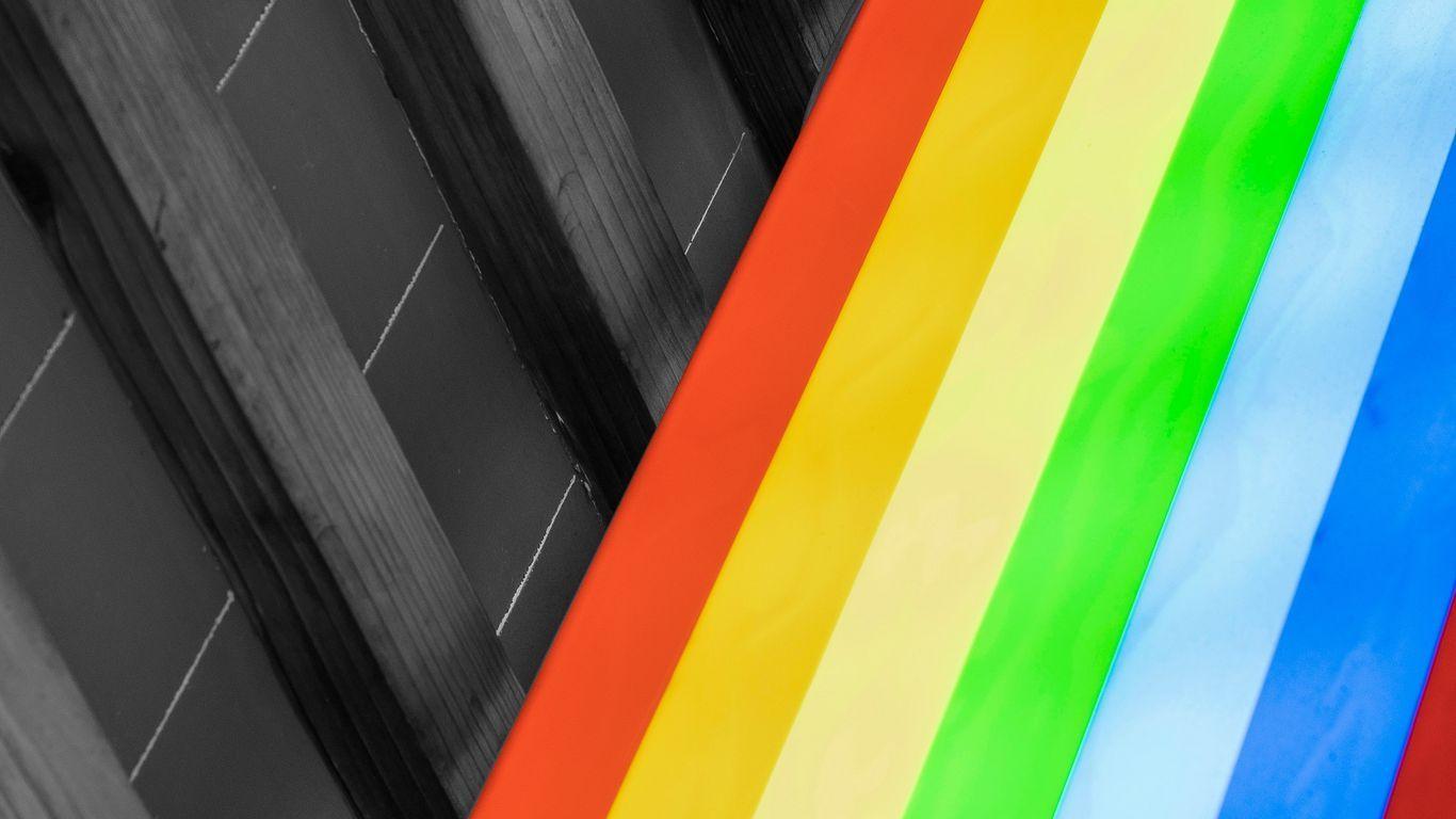 1366x768 Download wallpaper 1366x768 design, colorful, rainbow, stripes, wooden tablet, laptop HD background