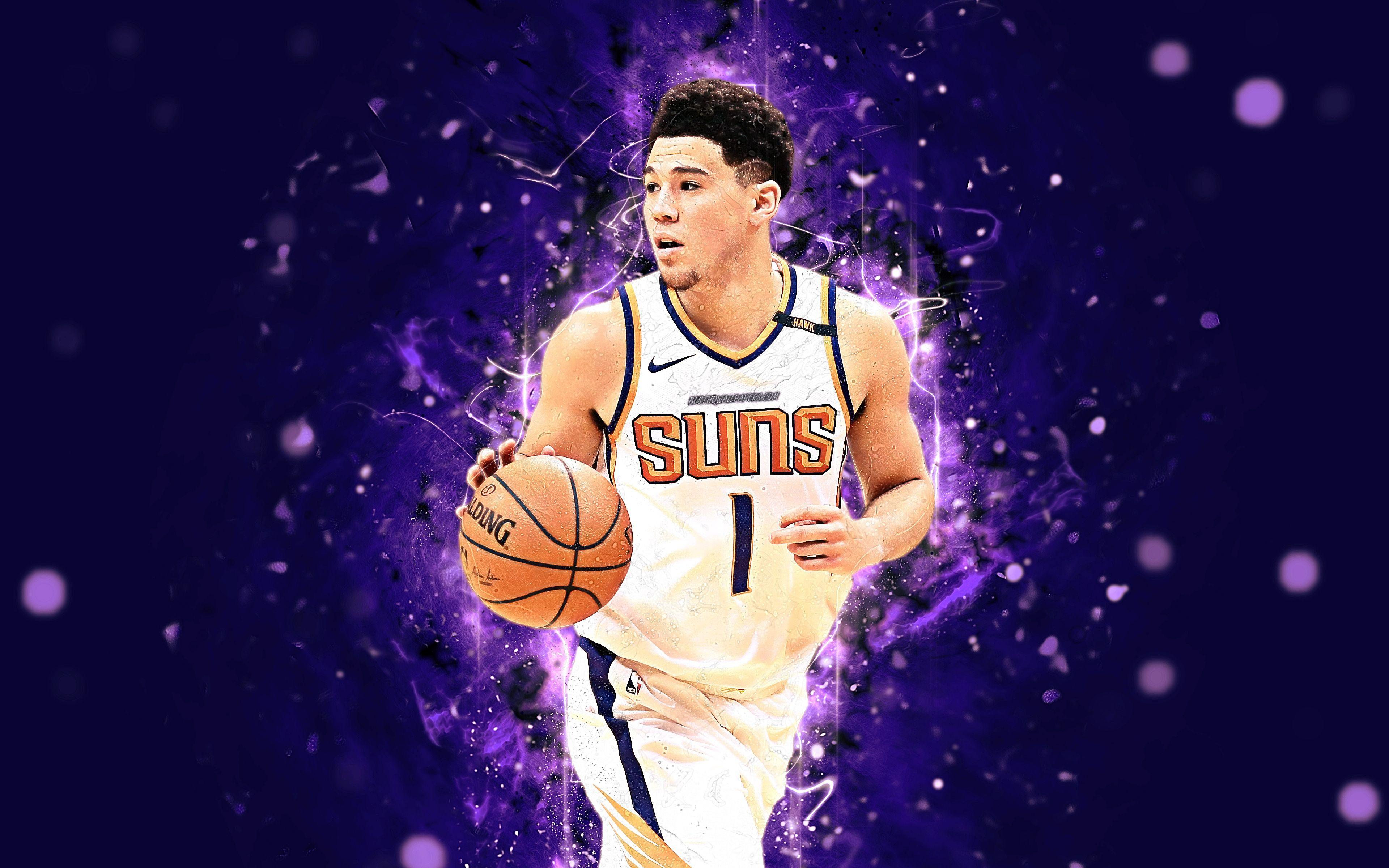 3840x2400 Download wallpaper Devin Booker, 4k, abstract art, NBA, basketball stars, Phoenix Suns, Booker, neon lights, basketball, creative for desktop with resolution 3840x2400. High Quality HD picture wallpaper