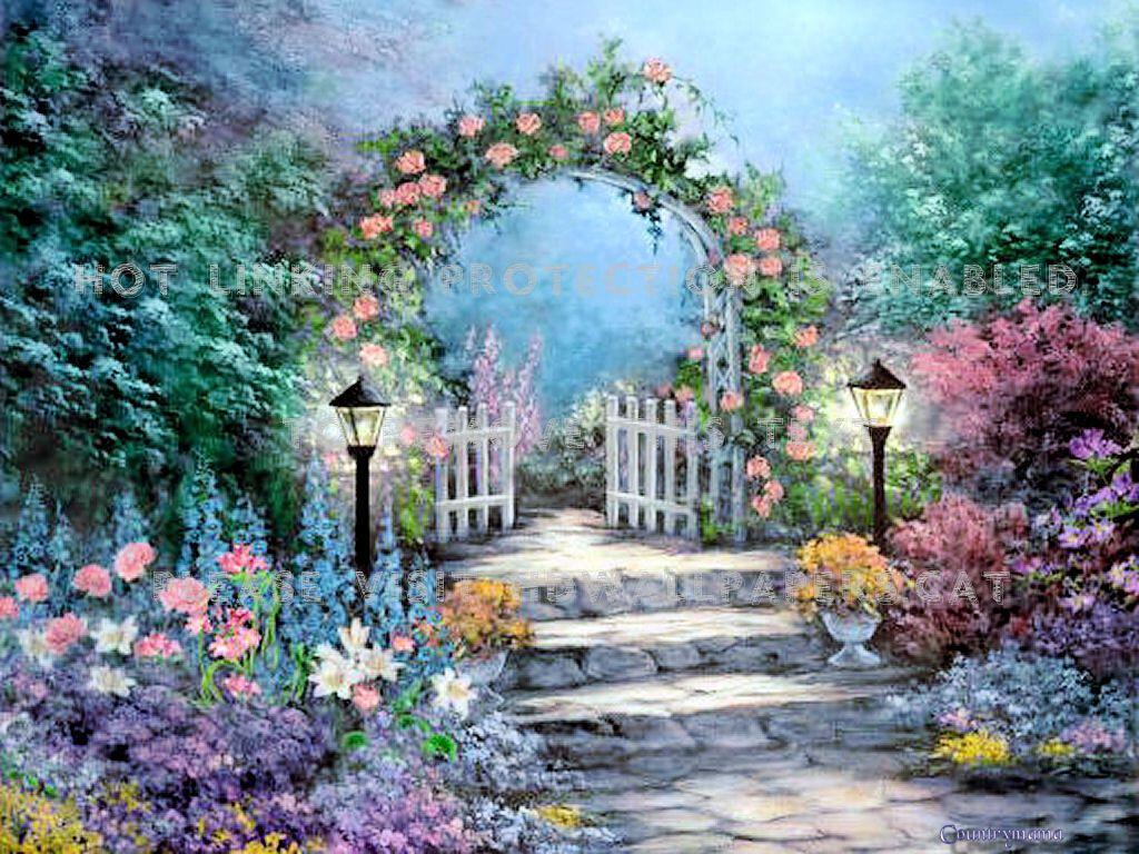 1024x768 garden gate rose arch oil painting flowers