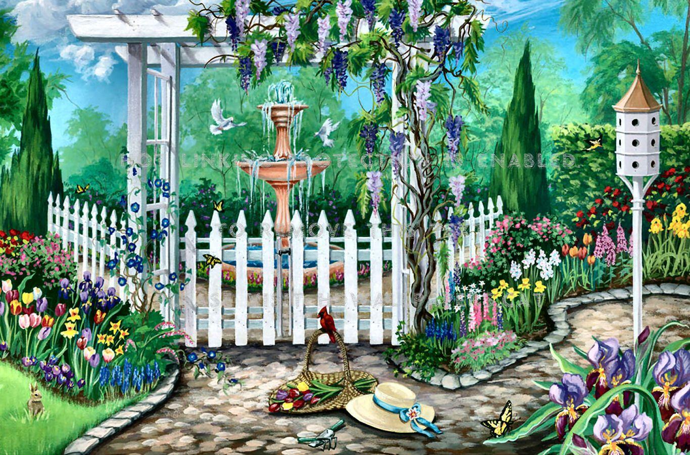 1366x900 garden gate in spring f1 flowers birds art