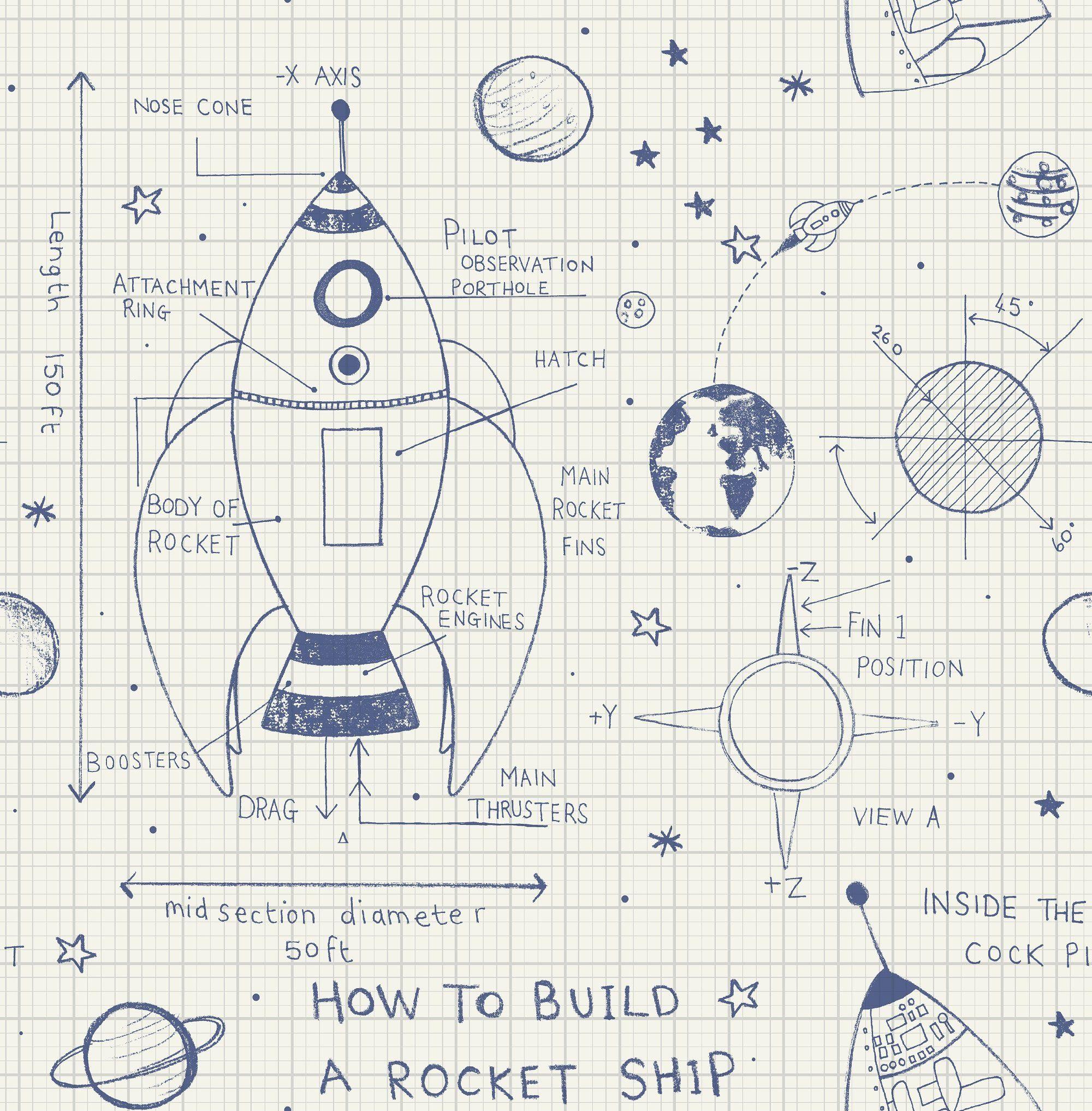 2000x2035 Rocket Ship Wallpaper in White and Navy from the Day Dreamers Collecti