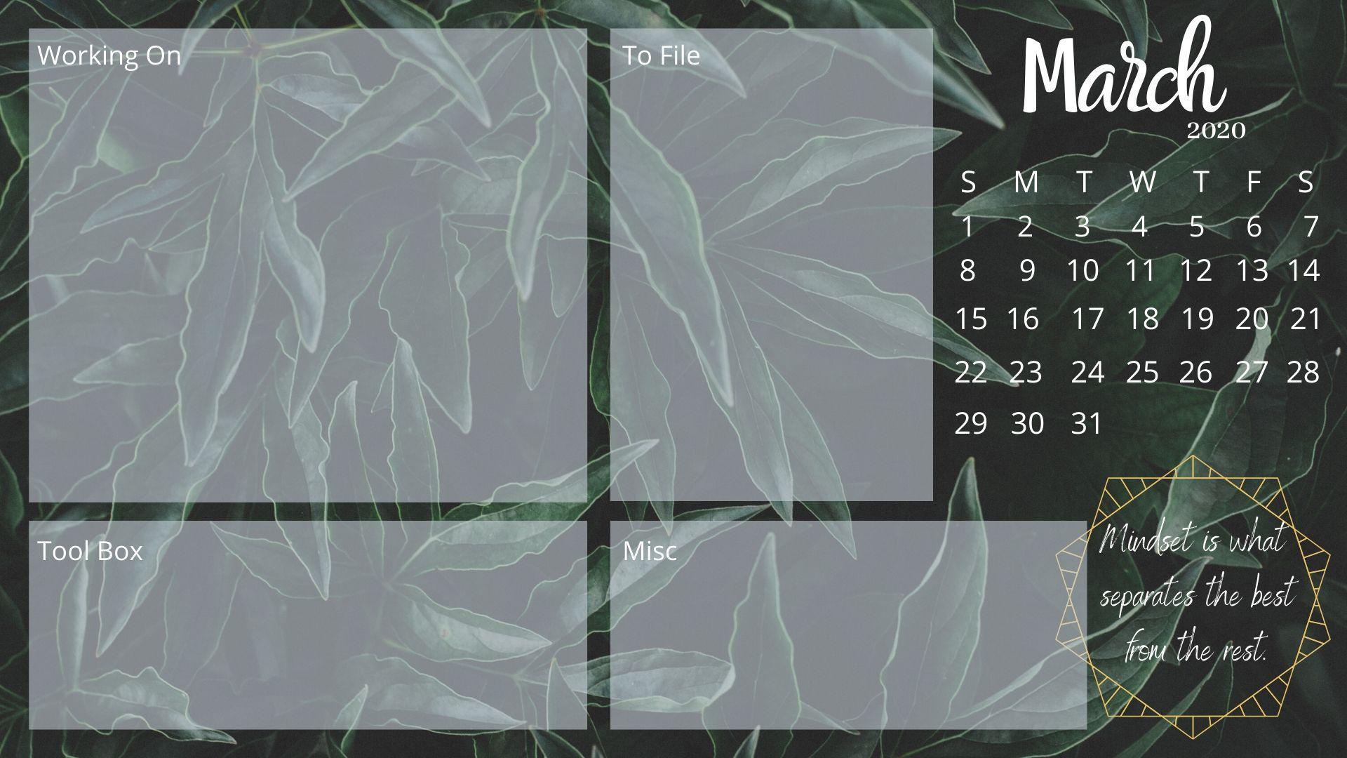 1920x1080 Chic Efficient Desktop Wallpaper w/ Calendar 2020. Desktop wallpaper calendar, Desktop wallpaper, Calendar march