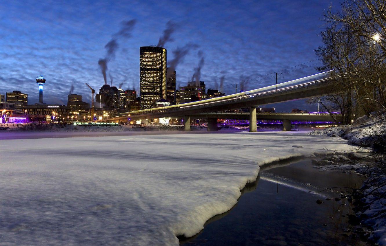 1332x850 Wallpaper winter, bridge, the city, river, Canada, Calgary, Calgary image for desktop, section город