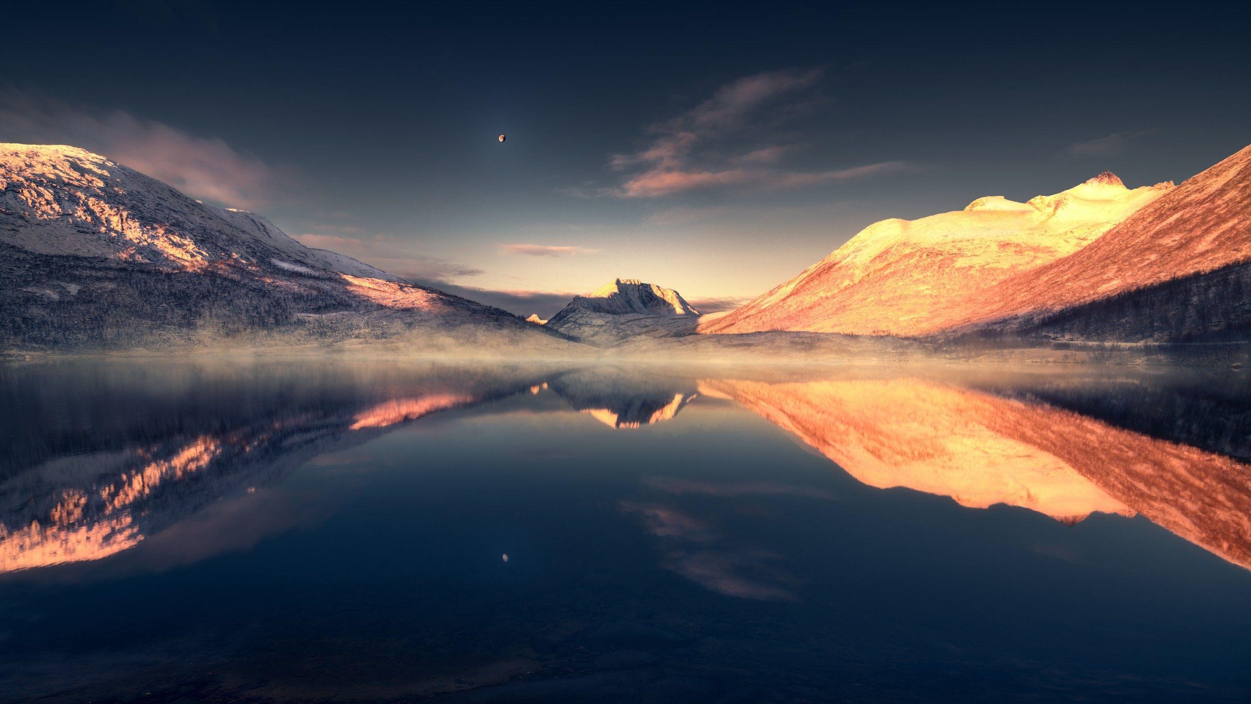 2560x1440 Mountains 4K Wallpaper, Lake, Evening, Reflection, Scenery, Tranquility, Moon, Landscape, 5K, 8K, Nature