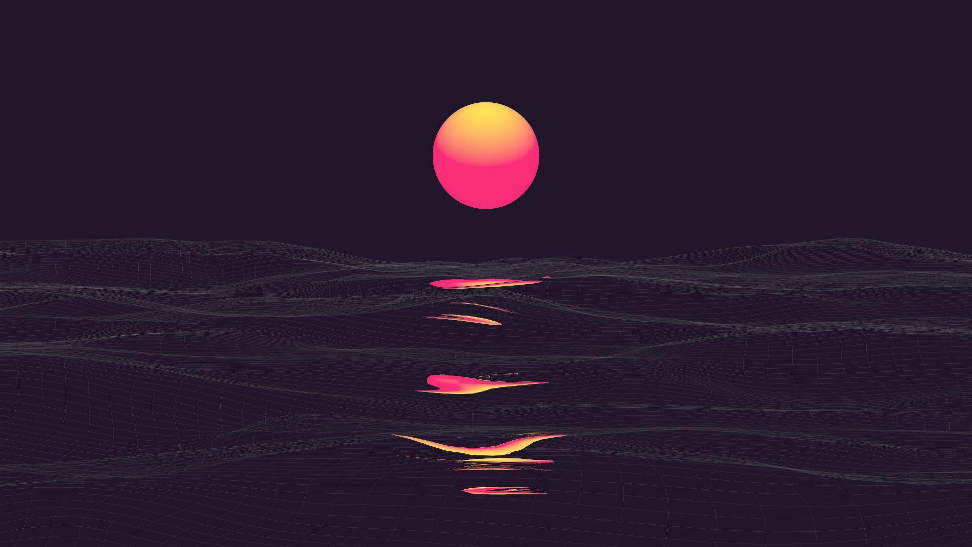 1920x1080 Desktop wallpaper retrowave, sunrise, reflection, clear sky, dark, HD image, picture, background, 225378