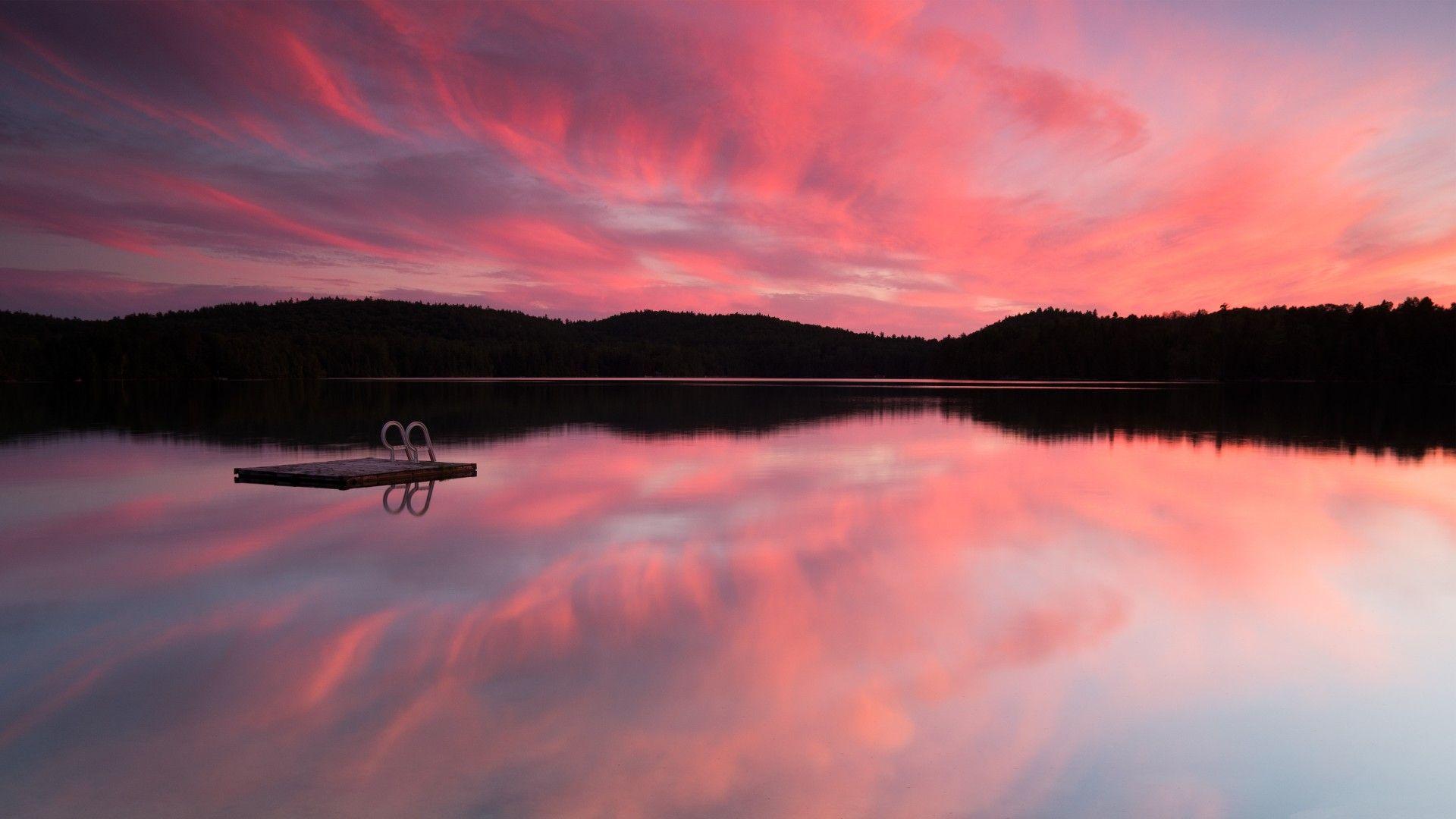 1920x1080 Wallpaper Lake, 4k, HD wallpaper, sea, pink sunset, sunrise, reflection, sky, clouds, water, OS