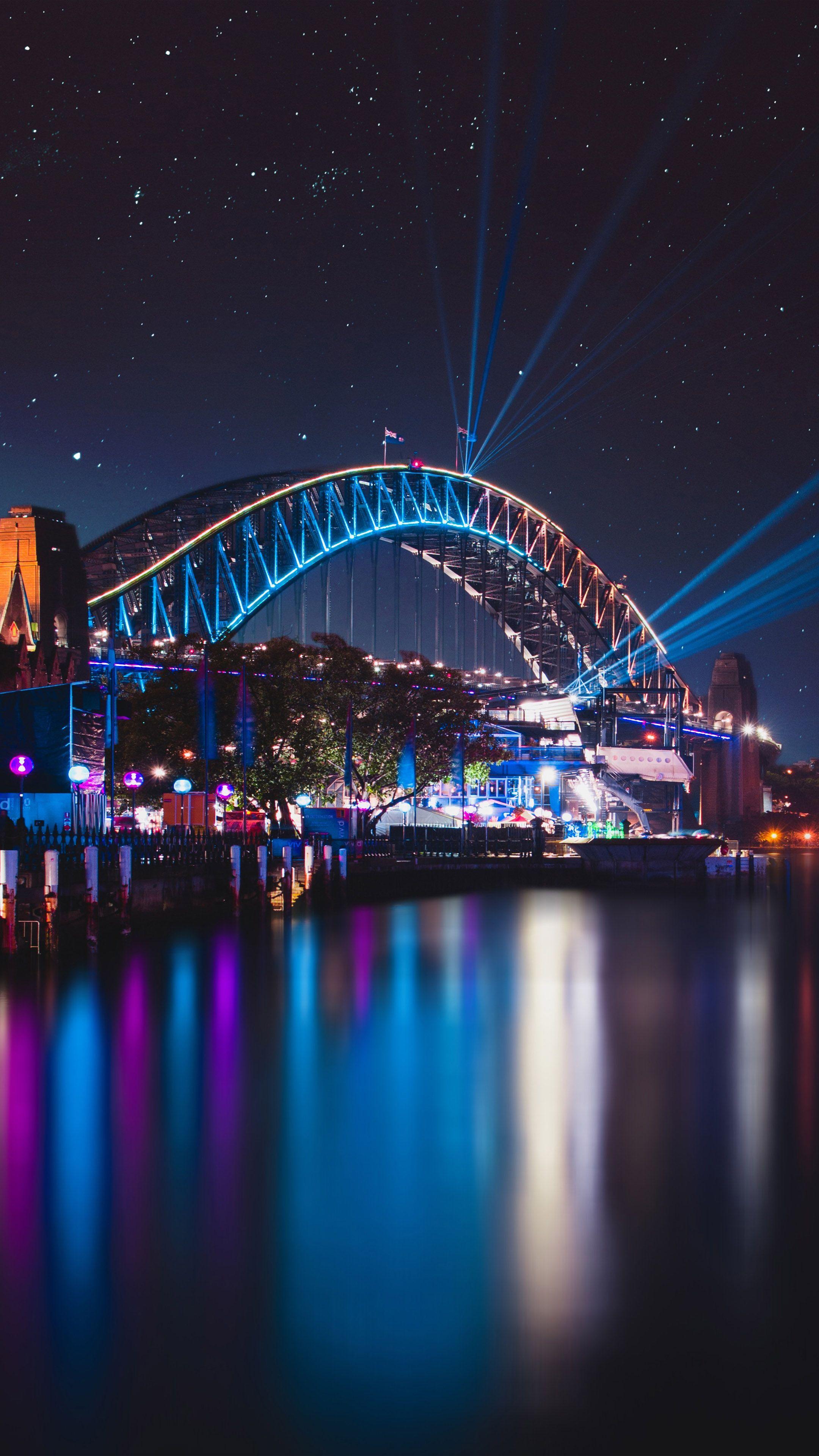 2160x3840 Download Sydney Harbour Bridge Night Reflections Cityscape Free Pure 4K Ultra HD Mobile Wallpaper Phone Wallpaper