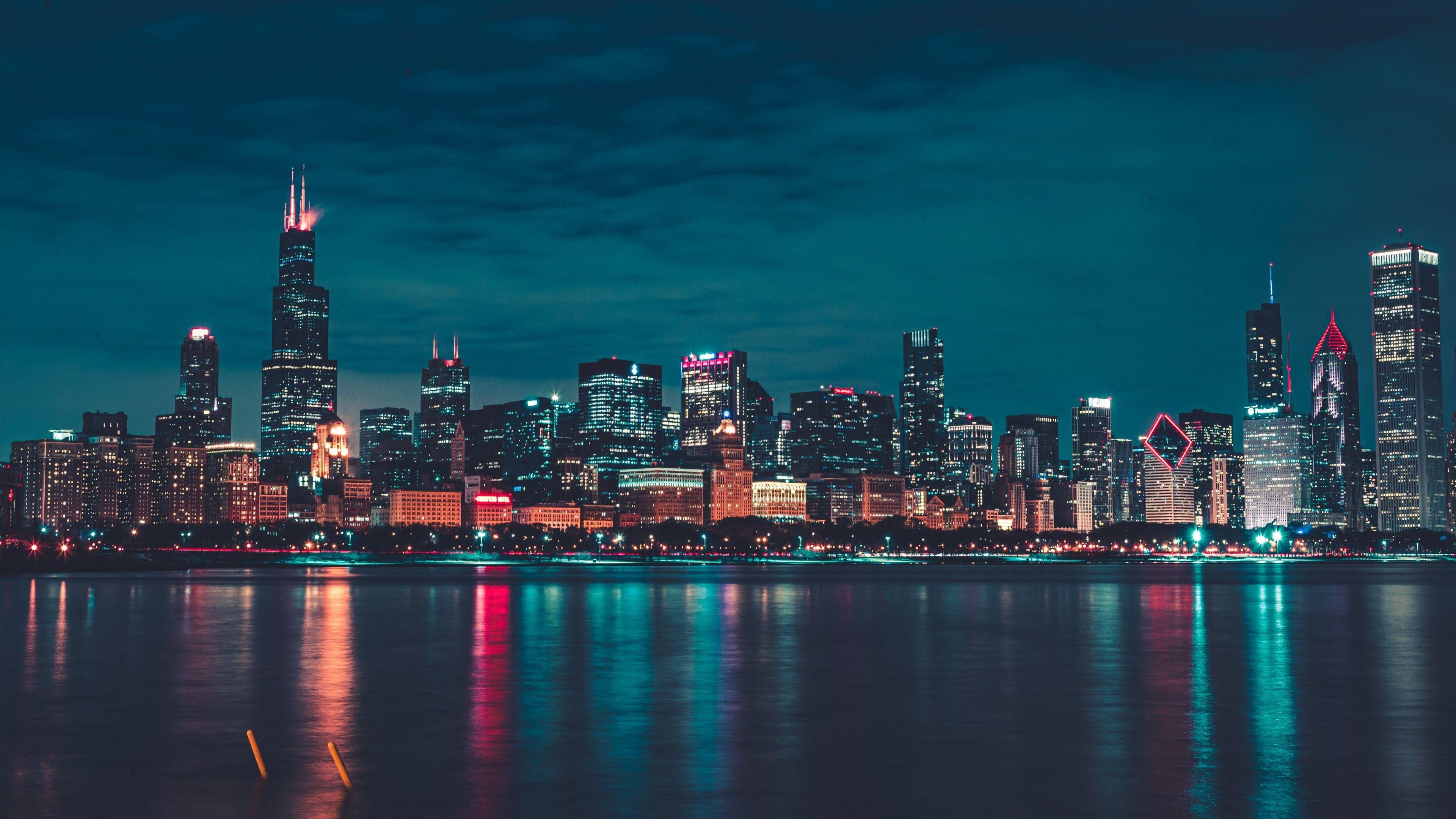 3840x2160 Chicago 4K Wallpaper, Night, City lights, Cityscape, Reflections, Skyline, 5K, World