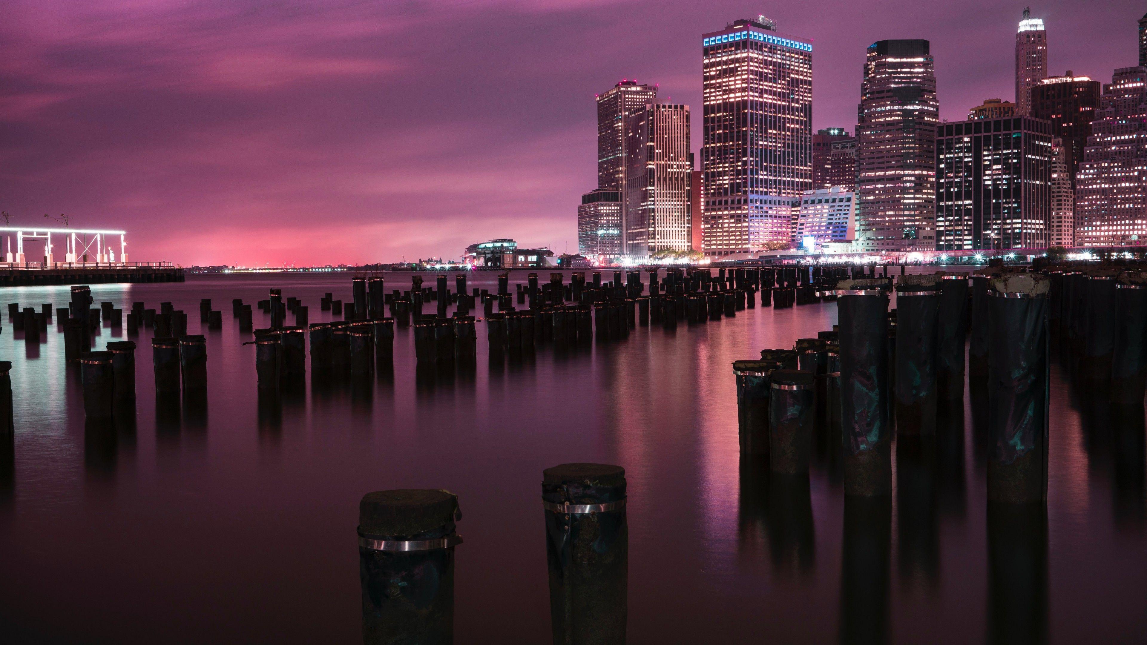 3840x2160 New York City 4K Wallpaper, Downtown, Brooklyn Bridge Park, River, Night, Cityscape, City lights, World