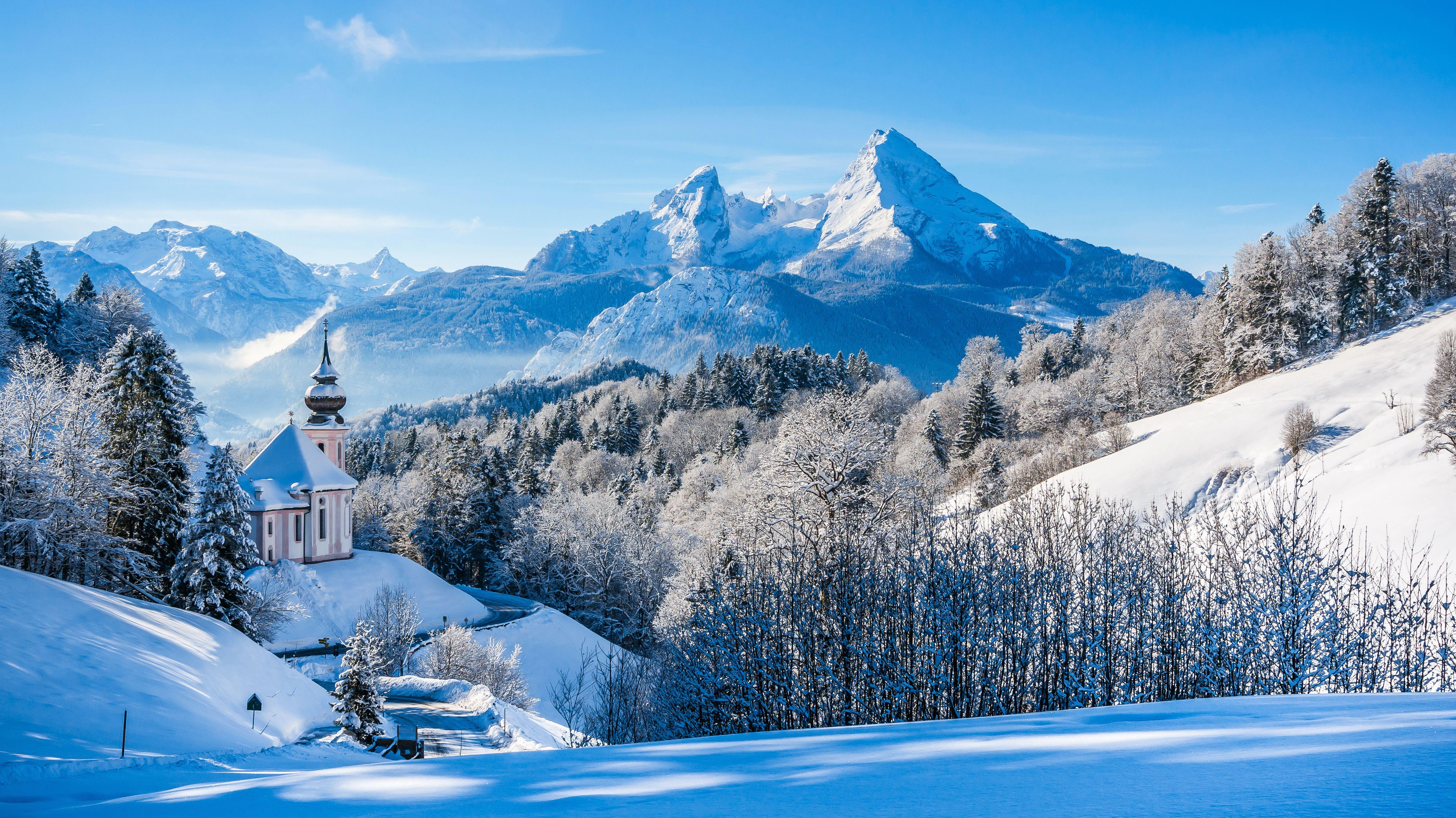5616x3158 winter snow church mountains wallpaper