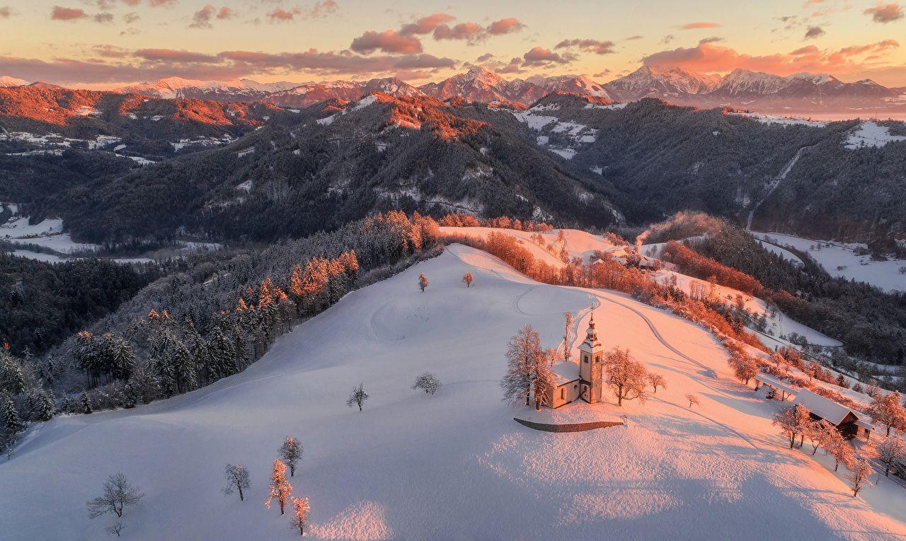 1280x765 Photo Church Alps Slovenia Skofja Loka Winter Nature mountain Snow