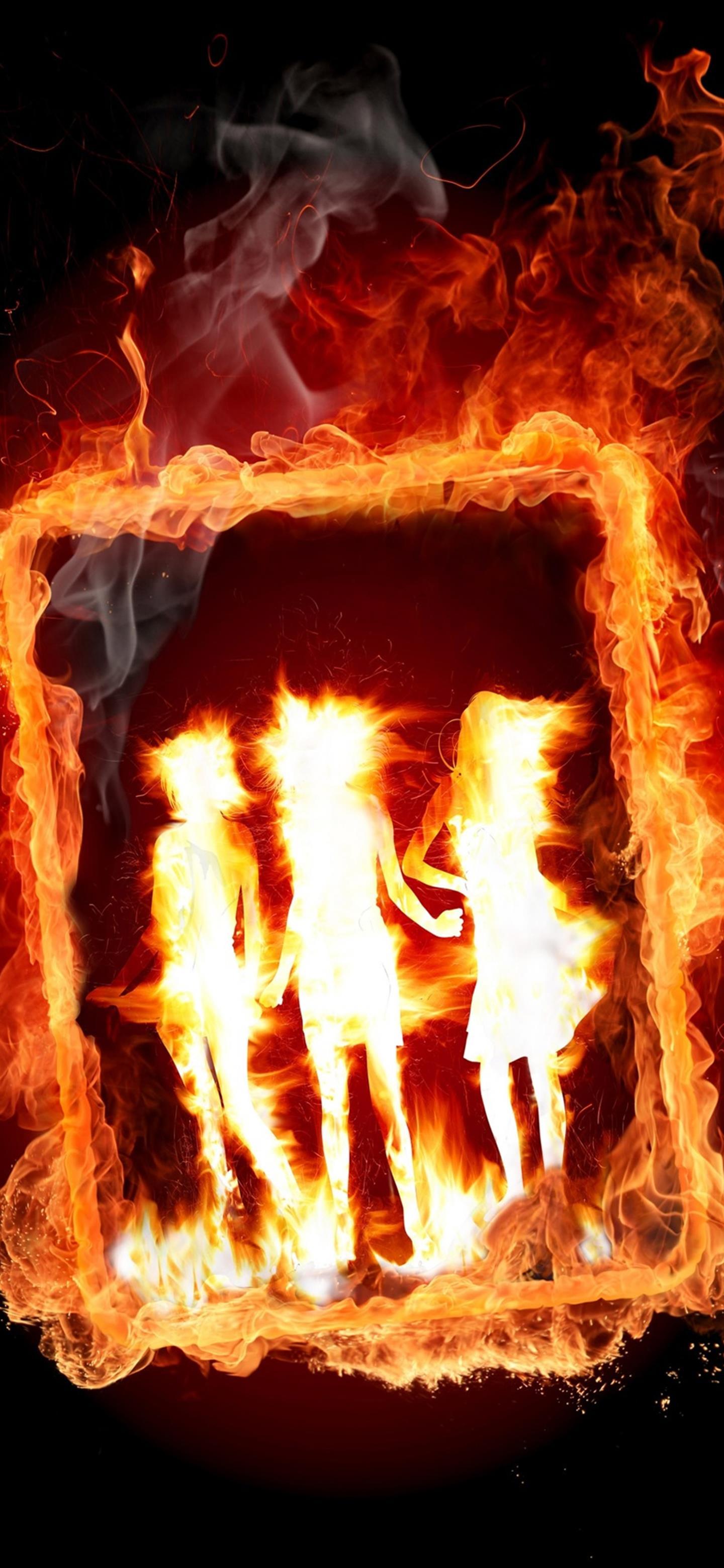 1440x3120 Girl Frame in Fire Phone Wallpaper Download