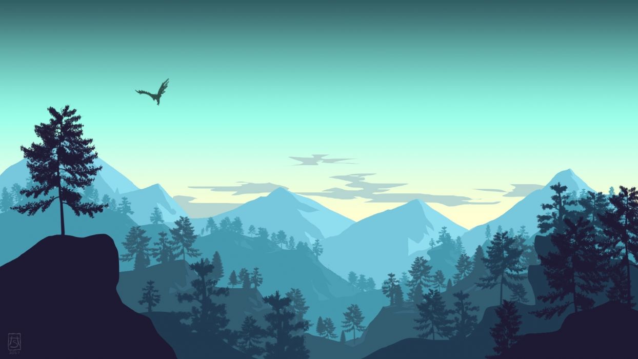 1244x700 Minimalistic landscape mountains forest bird sky artwork wallpaperx1080