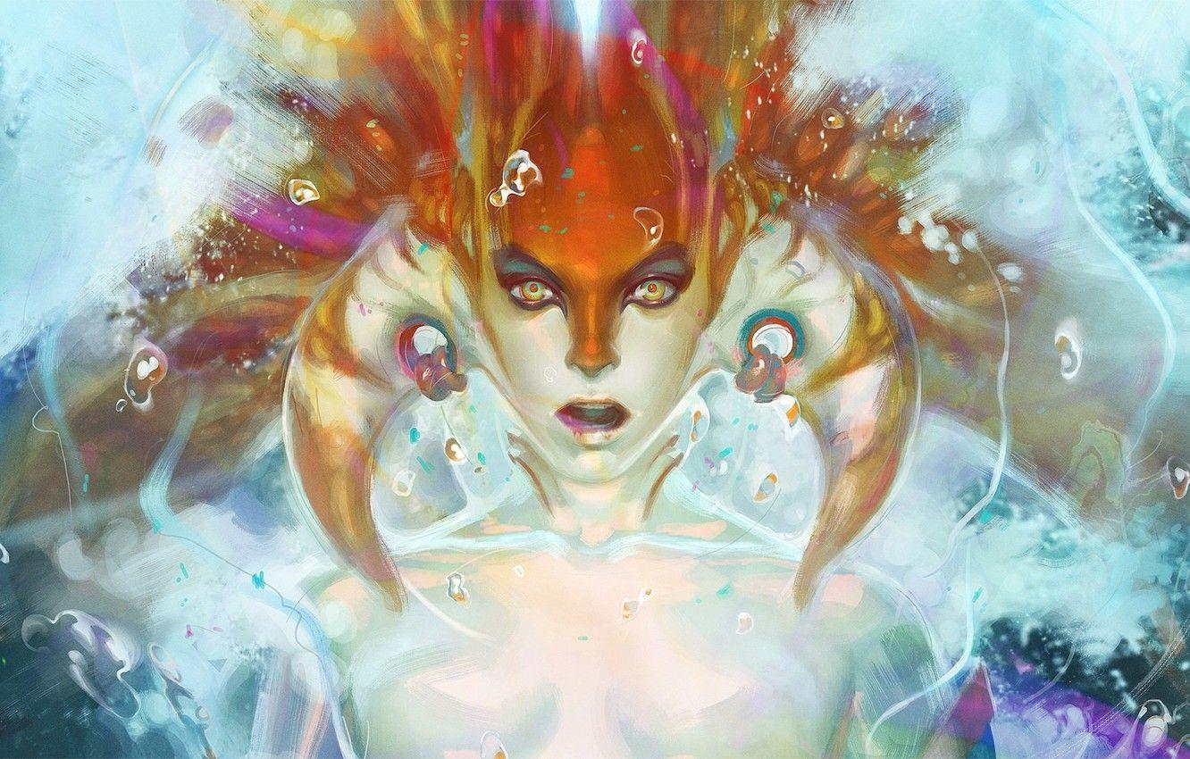 1332x850 Wallpaper water, girl, bubbles, face, art, horns, DOTA Naga, Siren image for desktop, section игры