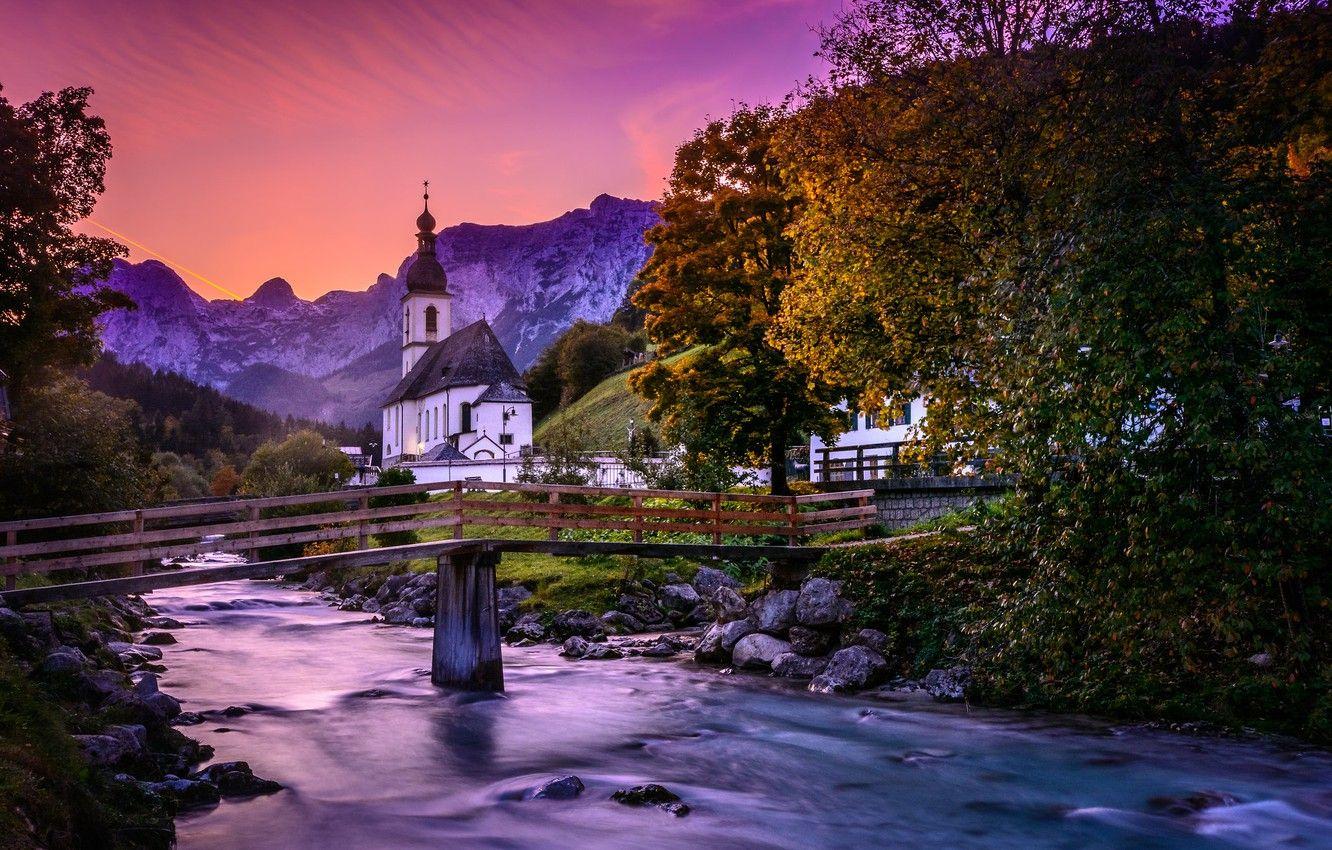 1332x850 Wallpaper autumn, trees, mountains, bridge, river, Germany, Bayern, Church, Germany, Bavaria, Bavarian Alps, The Bavarian Alps, Ramsau, Ramsau, St Sebastian Church, Ramsauer Ache River image for desktop, section пейзажи