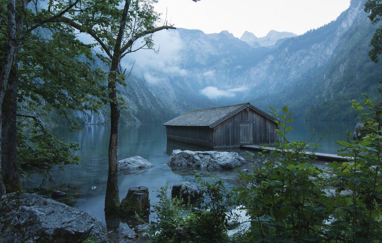 1332x850 Wallpaper clouds, landscape, mountains, nature, fog, lake, stones, Germany, Bayern, Alps, the barn, Berchtesgaden, Berchtesgaden, Obersee, Obersee image for desktop, section пейзажи