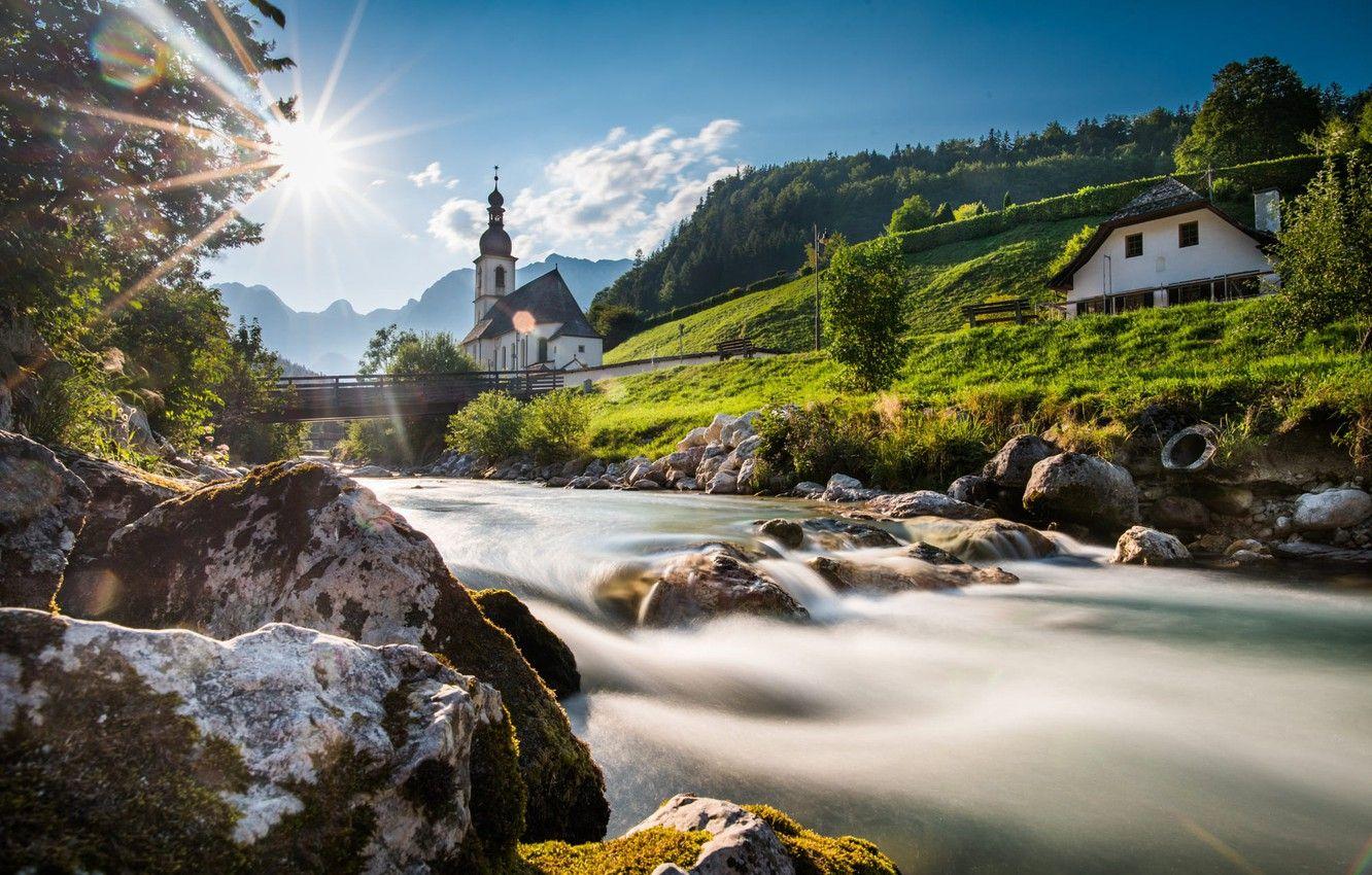 1332x850 Wallpaper bridge, river, stones, Germany, Bayern, Church, Germany, Bavaria, Bavarian Alps, The Bavarian Alps, Ramsau, Ramsau, St Sebastian Church, Ramsauer Ache River, the Ramsauer ache river Axe image for desktop, section пейзажи