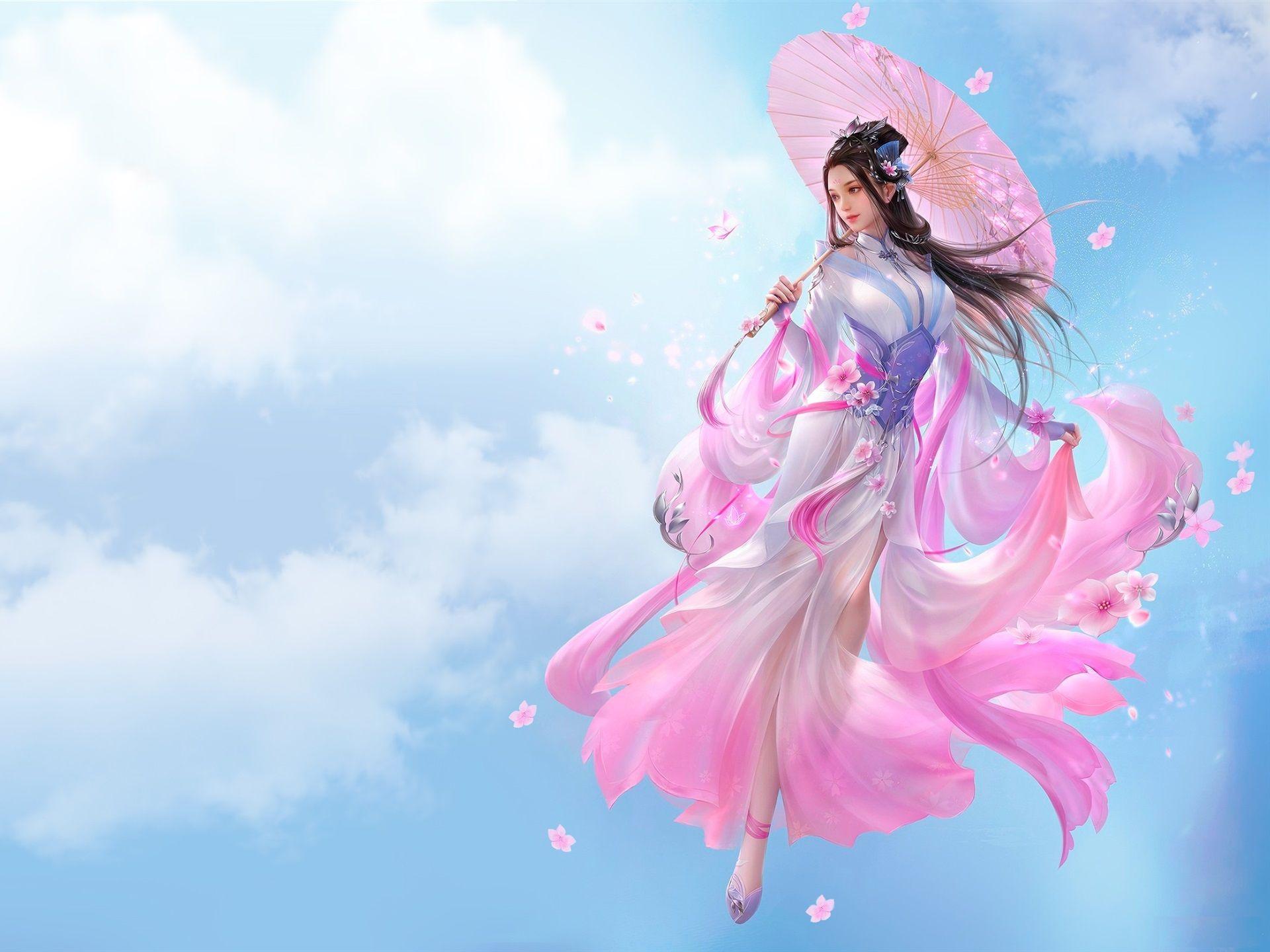 1920x1440 Wallpaper Beautiful Chinese girl, fantasy, pink skirt, retro style, umbrella 2880x1800 HD Picture, Image