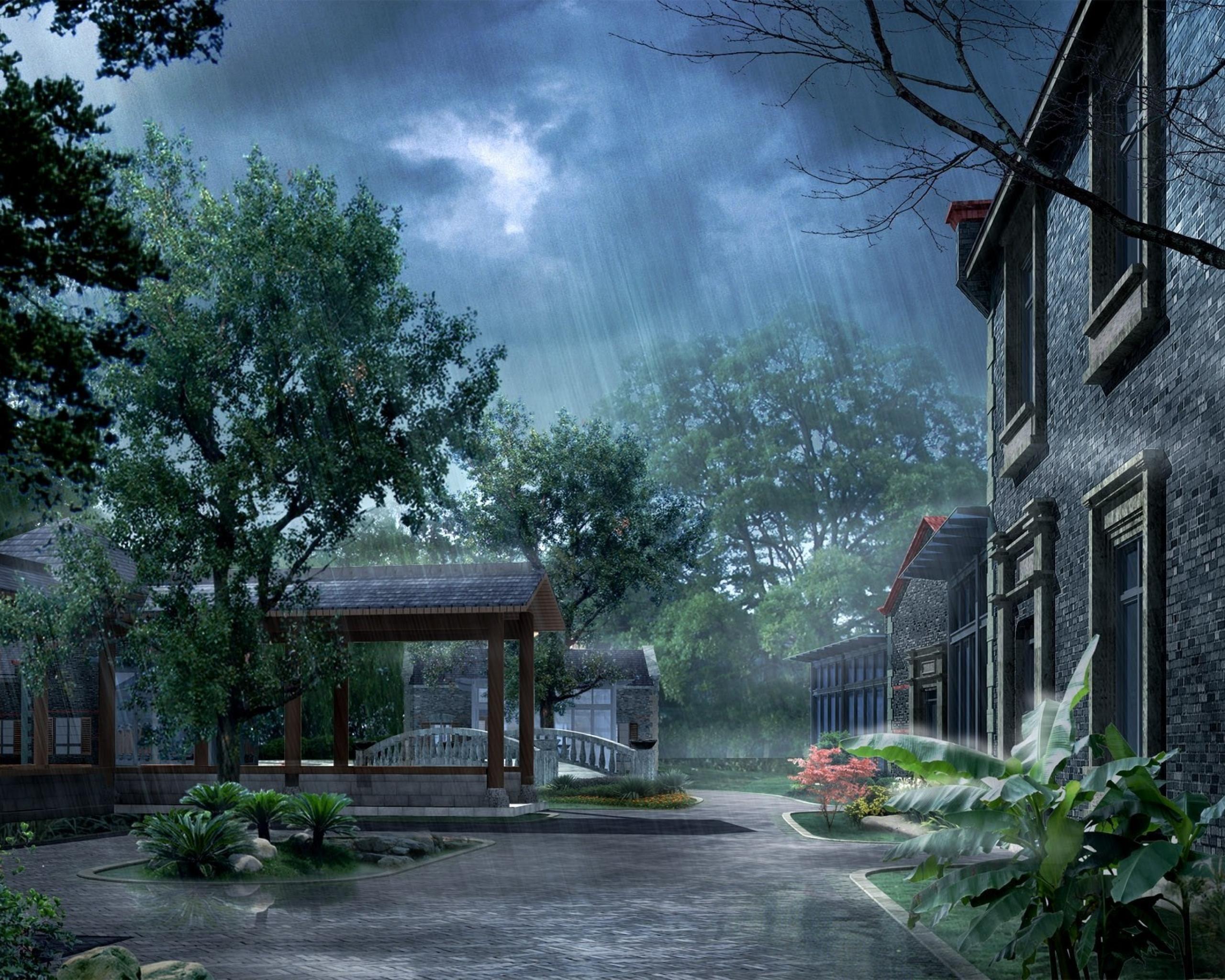 2560x2048 Rain Girls In China Trees Flowers House Wallpaper