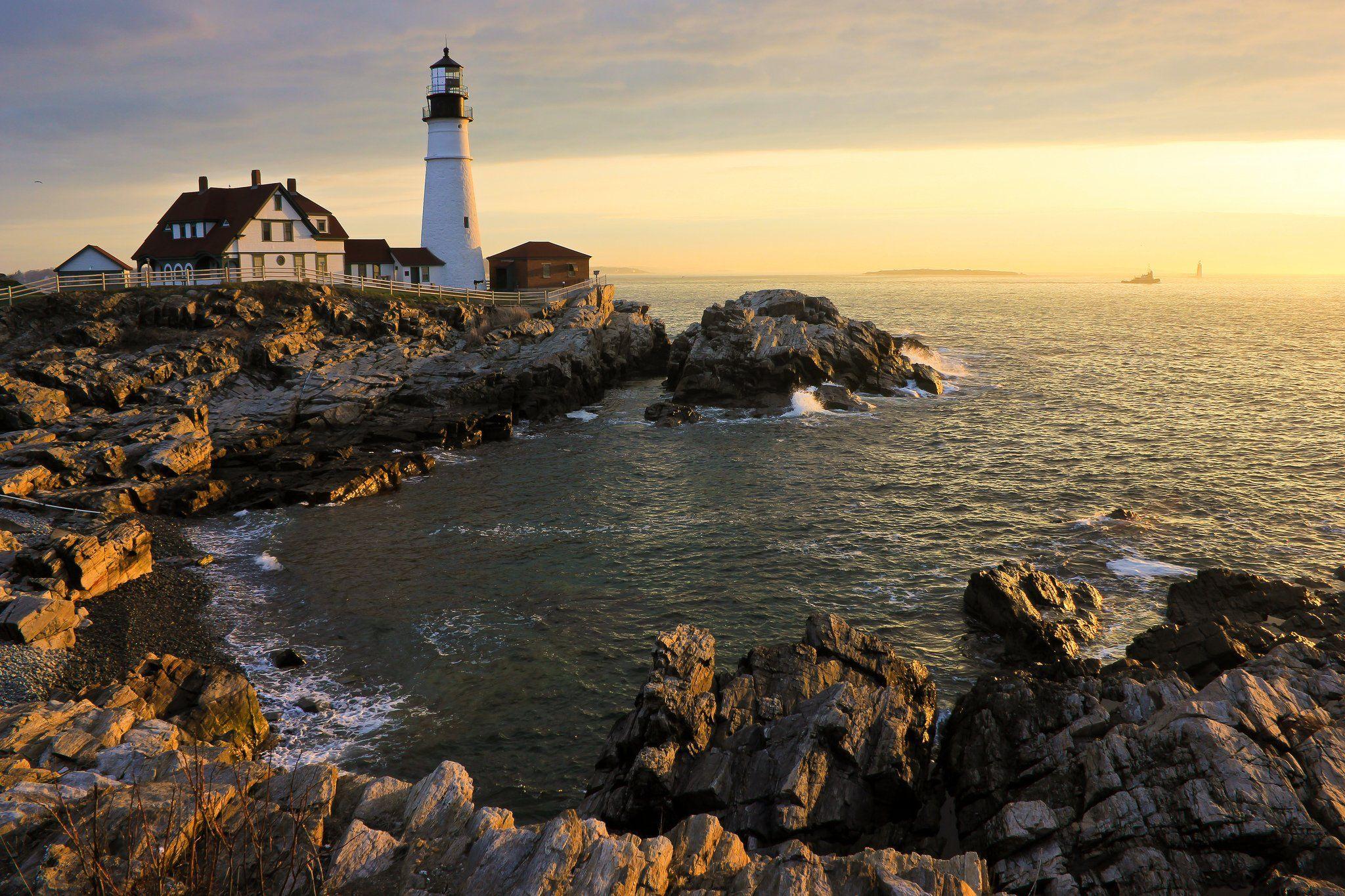 2048x1365 Lighthouses USA Coast Portland Head Light Cape Elizabeth Maine Nature wallpaperx1365