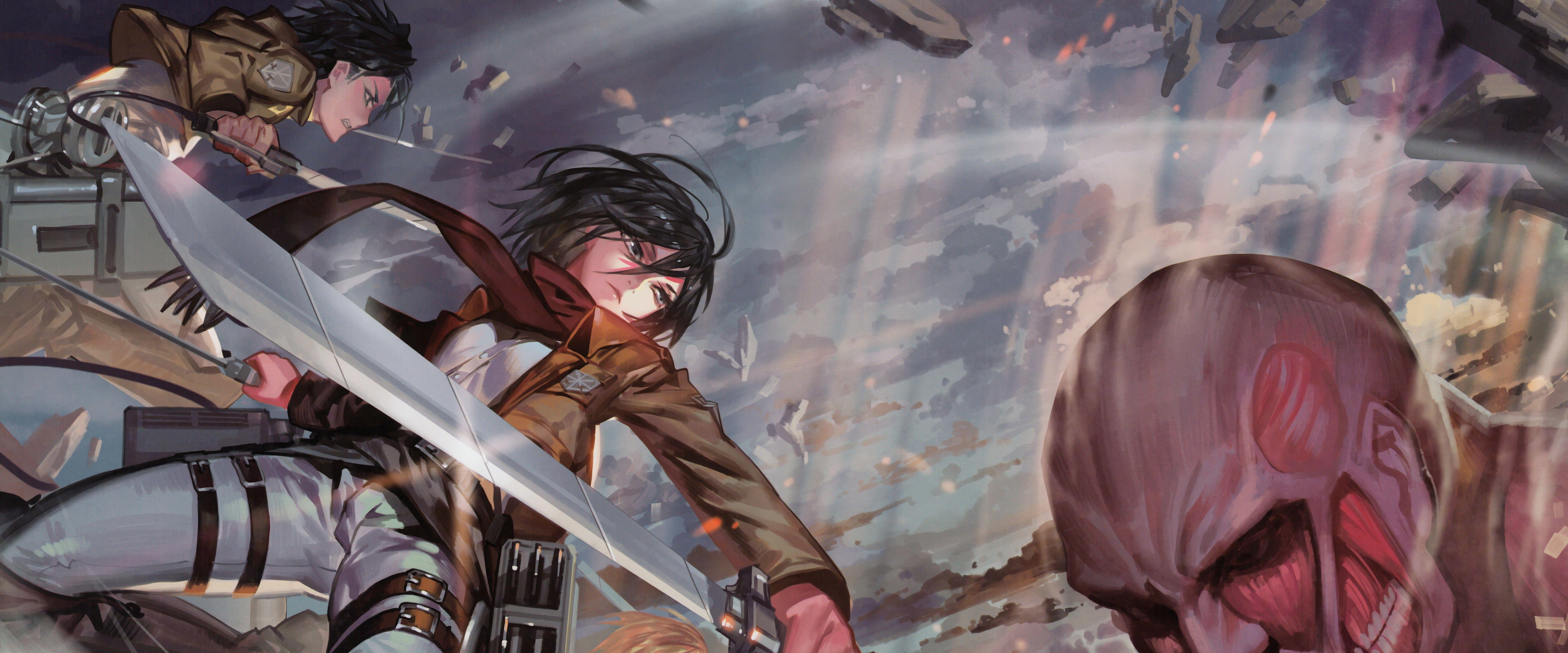 7680x3200 Mikasa, Levi, Colossal Titan, Attack On Titan, 8k, No Kyojin