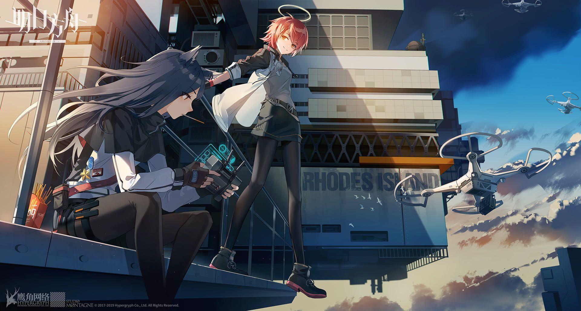 1920x1030 HD wallpaper: Exusiai (Arknights), Texas (Arknights), anime, clouds, drone