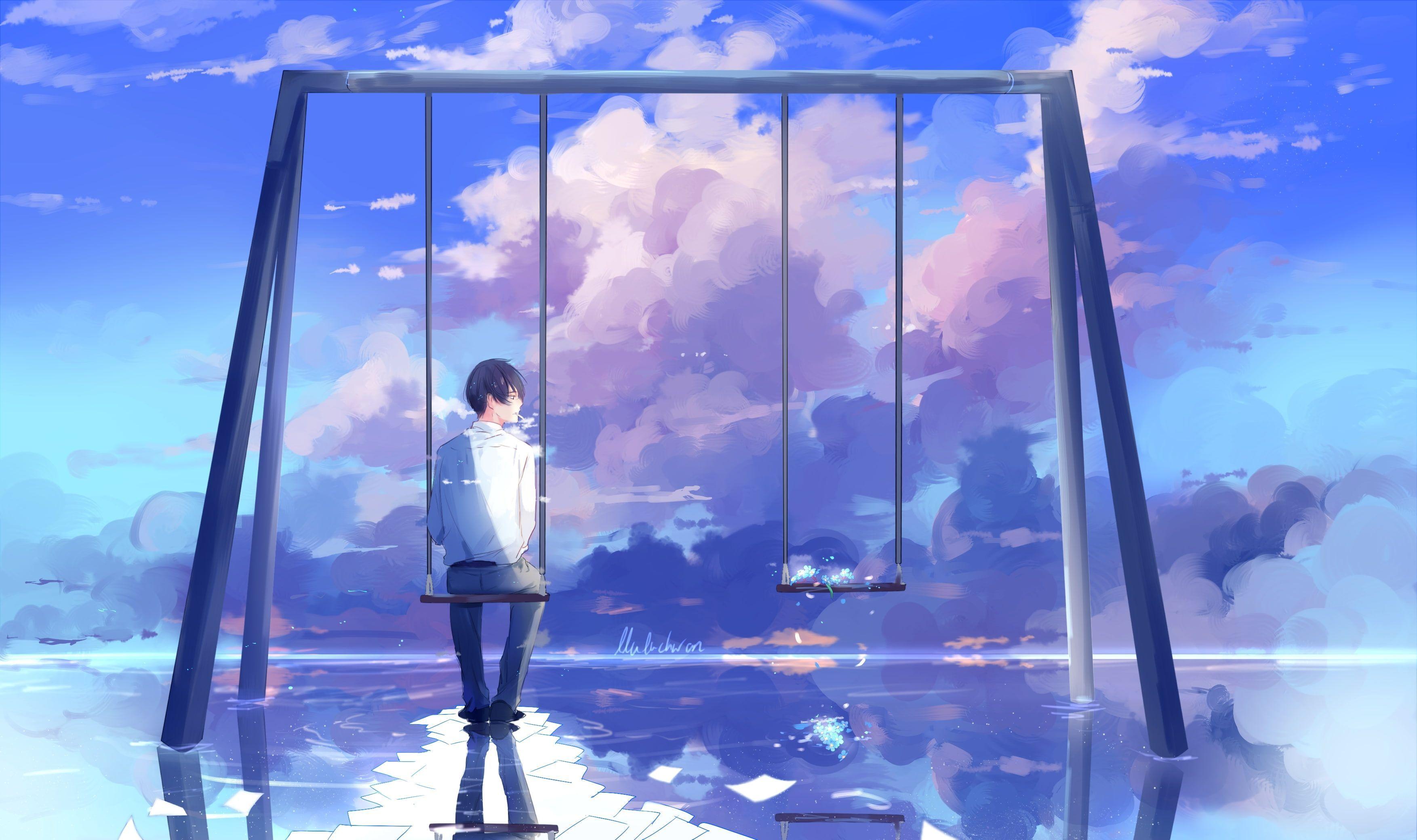 3507x2080 anime boy #scenic #swing #clouds back view #reflection #Anime K #wallpaper #hdwallpaper #desktop. Anime scenery, Anime image, Anime background
