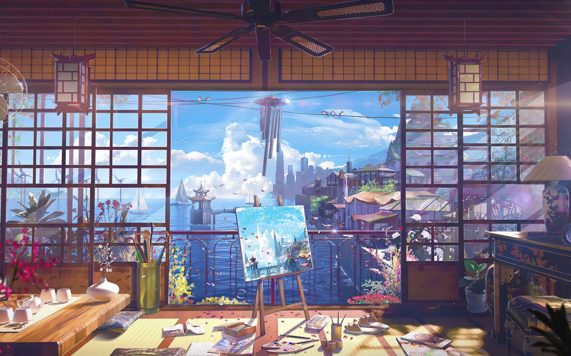 1920x1200 Wallpaper Ocean View, Room, Digital Art, Anime, Painting • Wallpaper For You HD Wallpaper For Desktop & Mobile