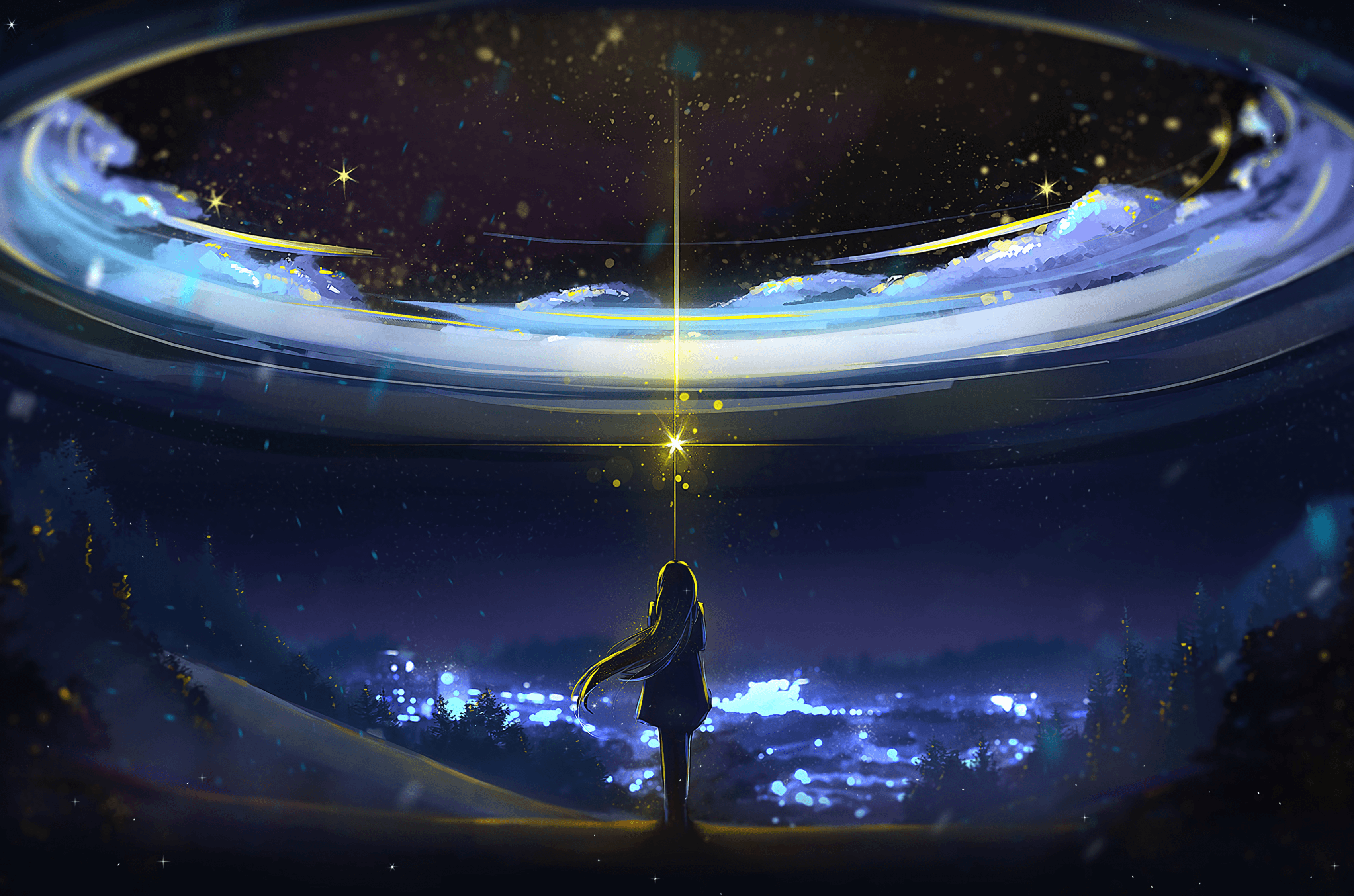 3400x2250 Download 3400x2250 Anime Girl, Magic, Night, Stars, Back View, Bokeh Wallpaper