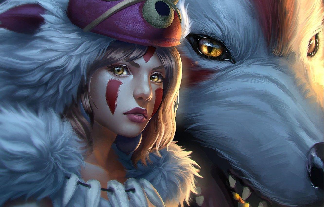 1332x850 Wallpaper girl, anime, art, view, Princess Mononoke, white wolf image for desktop, section арт