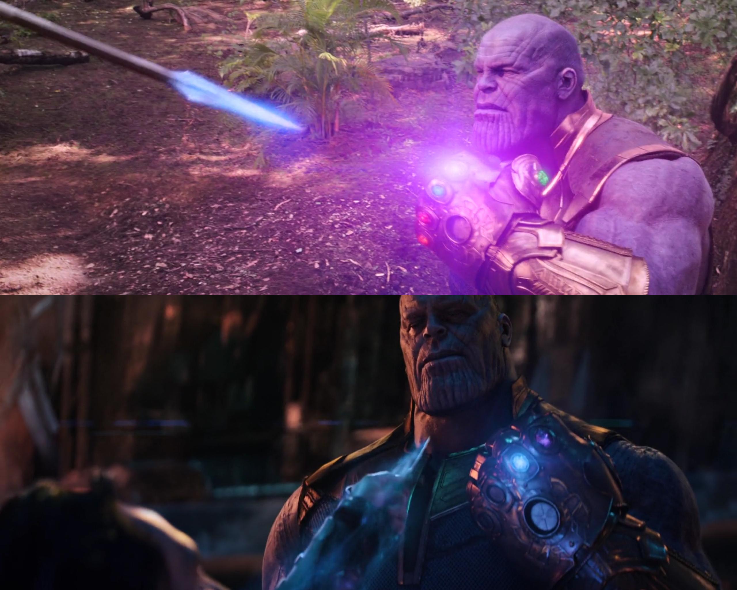 2560x2048 Thanos uses two different stones to hold weapon from enemies in Infinity War. Power stone to hold spear thrown by Okoye, space stone to hold Loki's butter knife