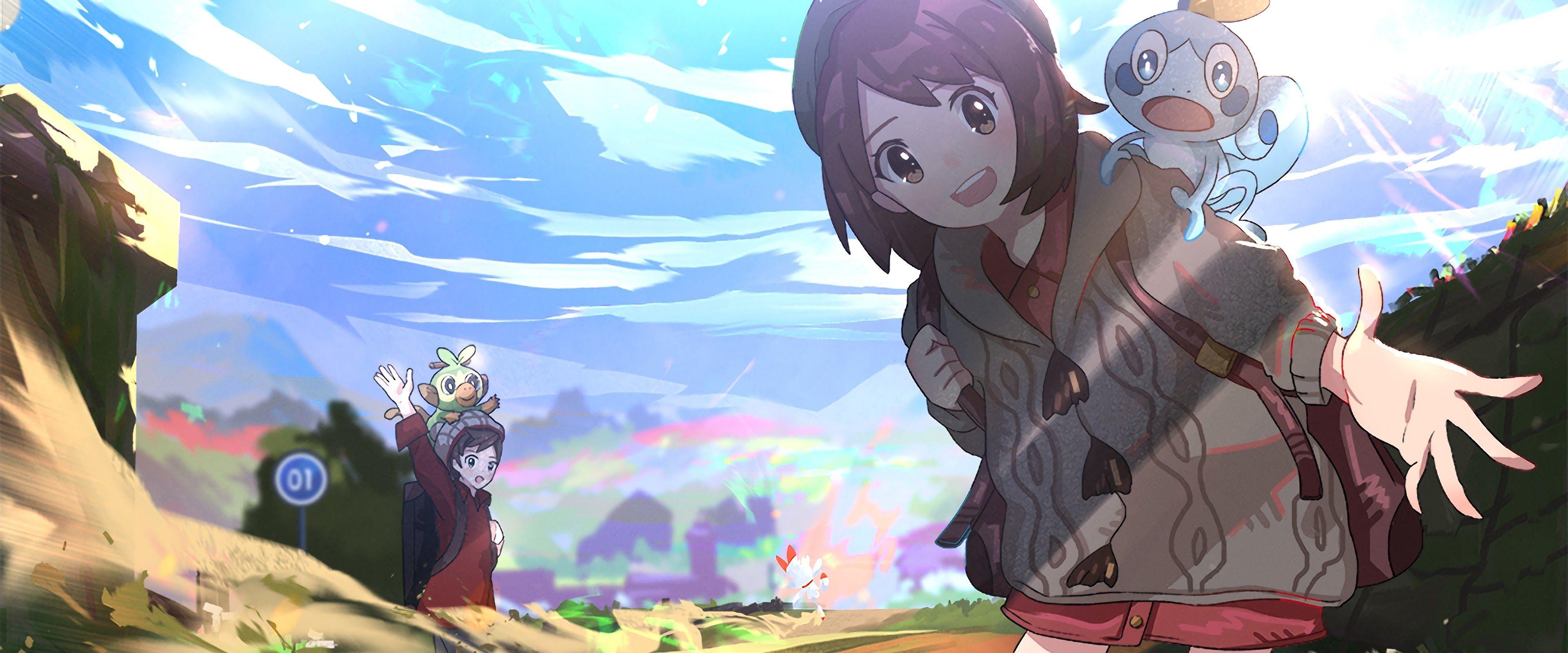 3840x1600 Pokemon Sword and Shield Soble Grookey Pokemon Trainer 4K Wallpaper