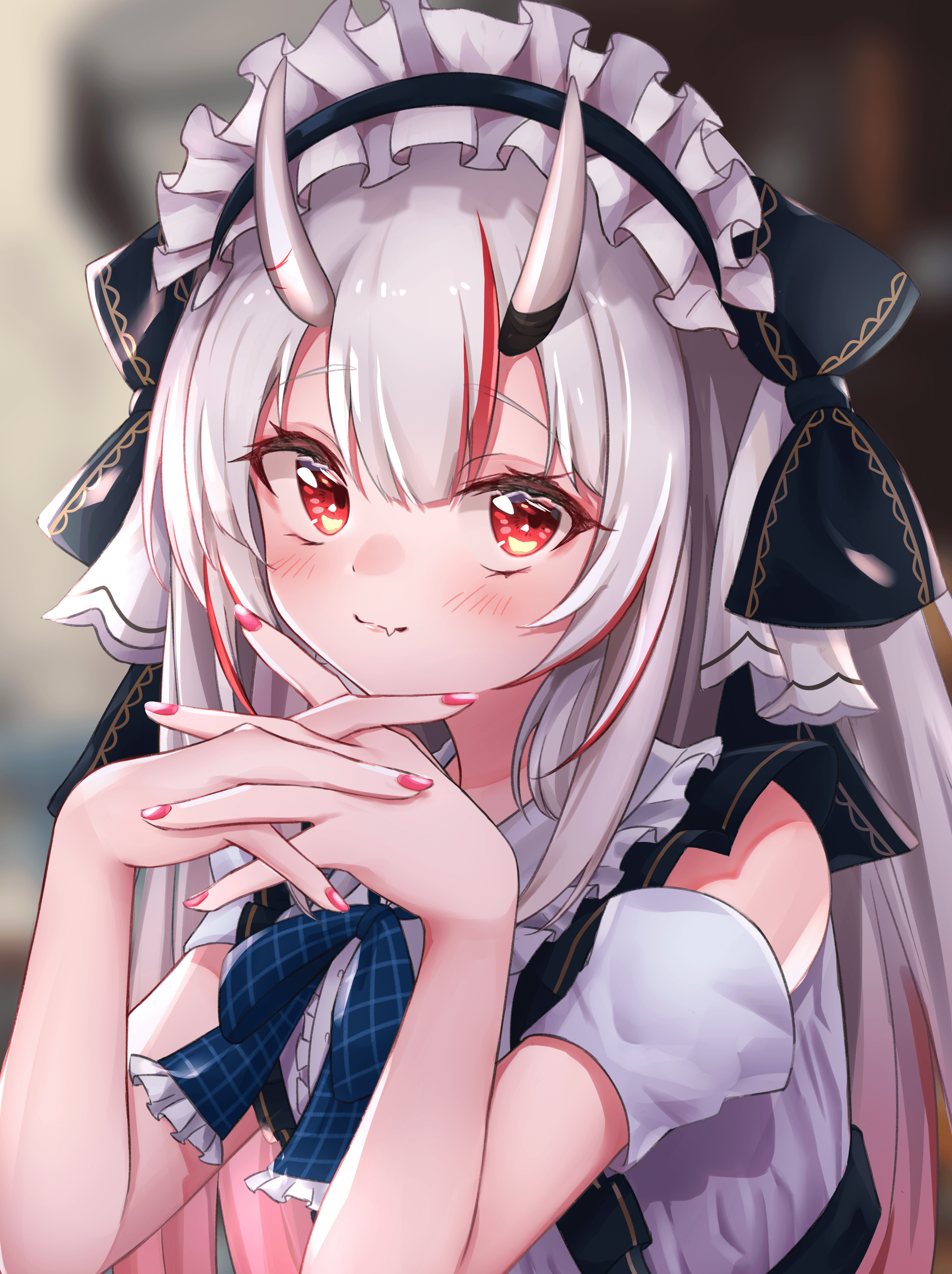 2452x3282 Nakiri Ayame, HgHgure, red eyes, blush, anime, anime girls, digital art, artwork, 2D, portrait display, vertical, Hololive, Virtual Youtuber, horns, oni girl, silver hair, maid outfit, maidx3282 Wallpaper