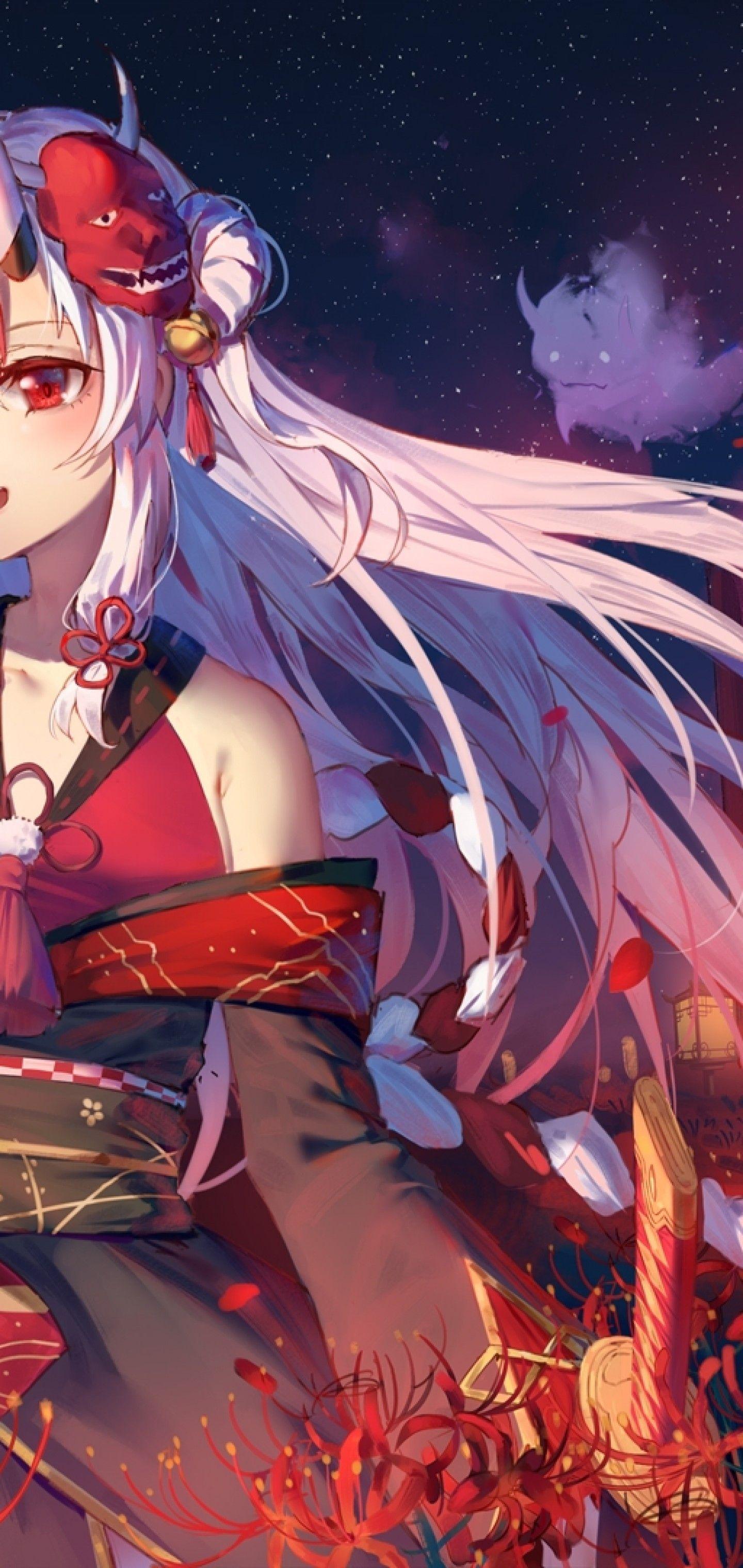 1440x3040 Download 1440x3040 Nakiri Ayame, Hololive, Horns, Red Eyes, Torii, Shrine, Field, Japanese Clothes, Night Wallpaper for Samsung Galaxy Note Plus & S10 Plus