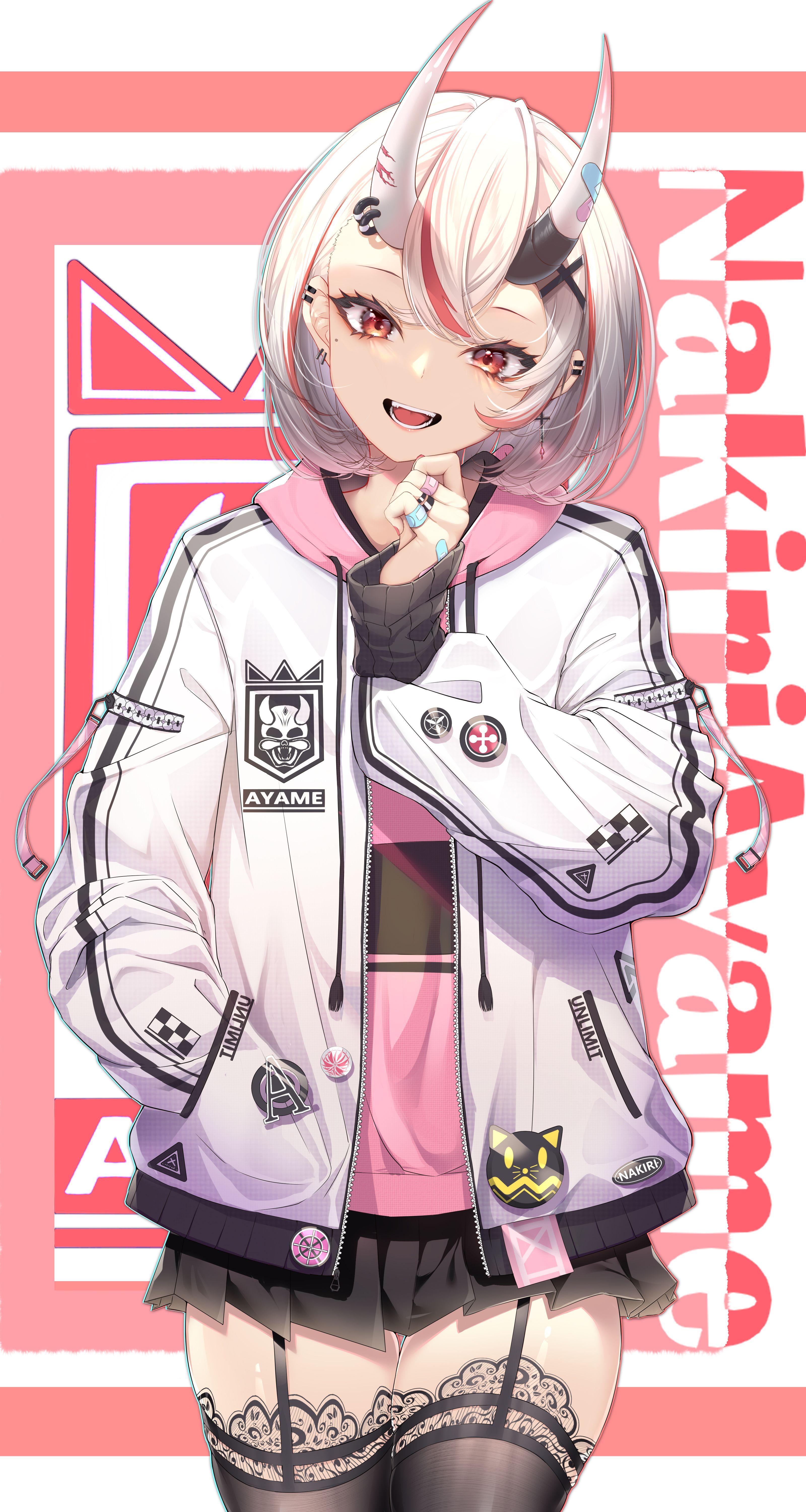 3200x6000 Standing, Open Mouth, Looking At Viewer, Red Eyes, Short Hair, Akinatsu Meguru, Nakiri Ayame, Anime, Anime Girls, Digital Art, Artwork, 2D, Portrait, Horns, Stockings, Silver Hair, Miniskirt, Thigh Highs, Hololivex6000 Wallpaper