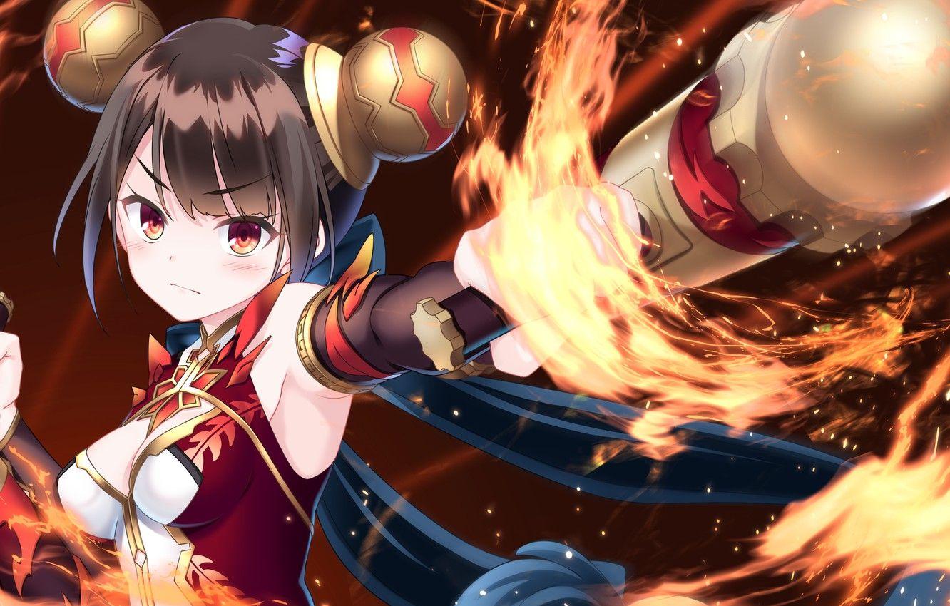 1332x850 Wallpaper girl, weapons, flame, games, anime, art, stick, The World's End Fallen Star image for desktop, section игры